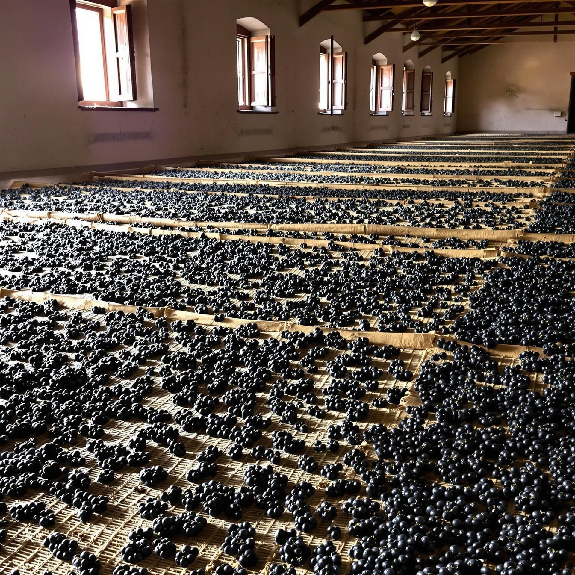 Amarone-vinproduktion i Valpolicella med druvor som torkas på traditionella trämattor i ett torkrum