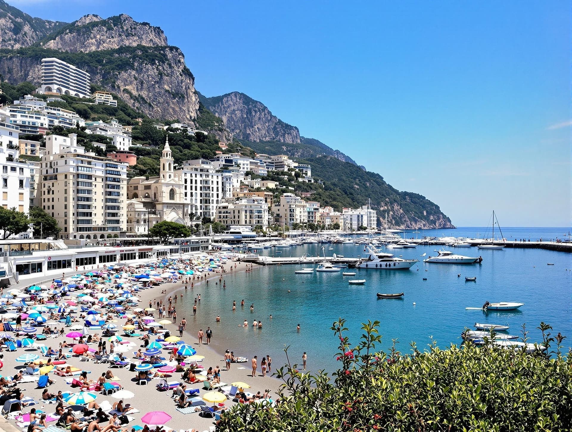 Marina Grande i Amalfi på Amalfikusten, huvudstranden framför staden