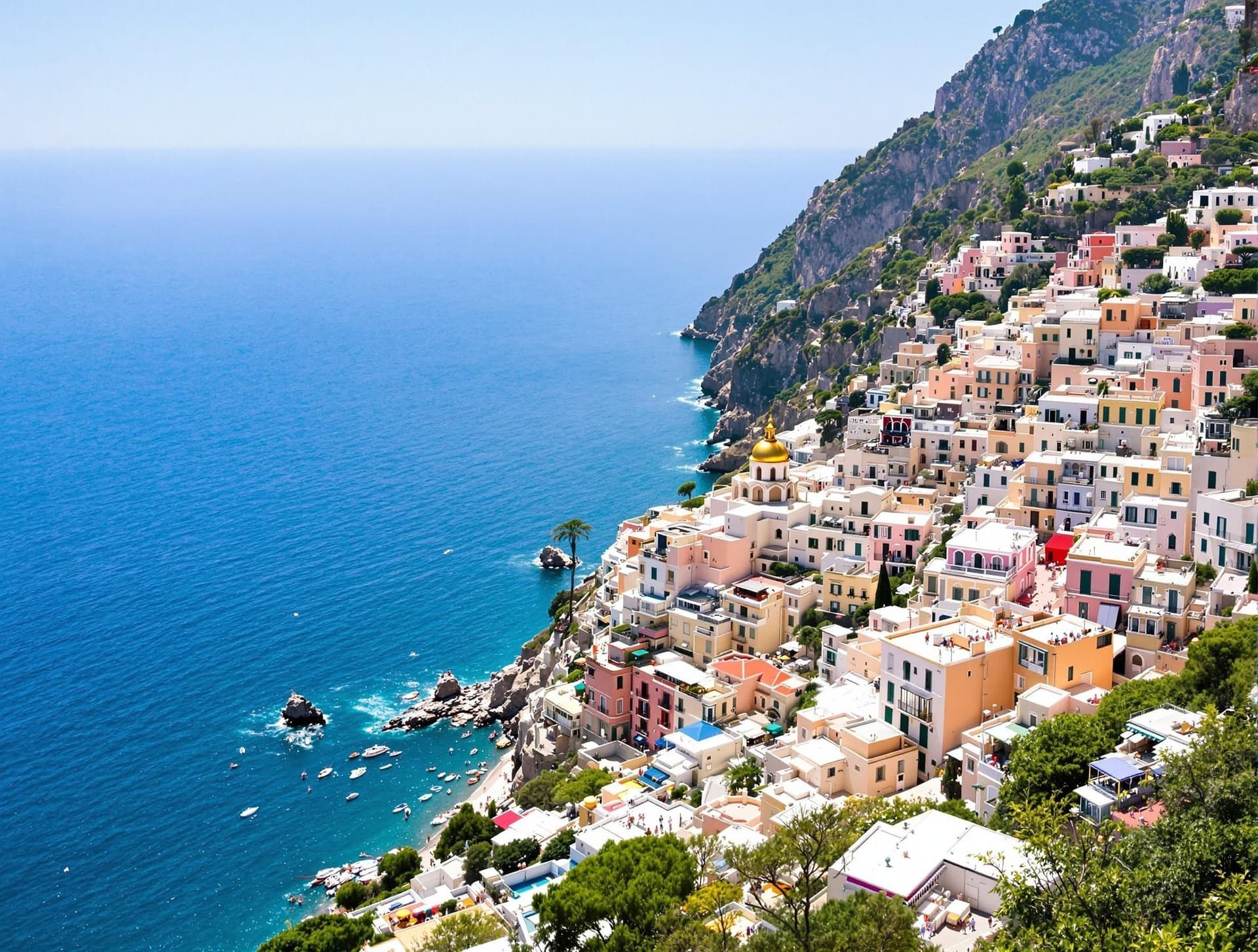 Positano på Amalfikusten med dess pastellfärgade hus som kaskaderar ner mot havet