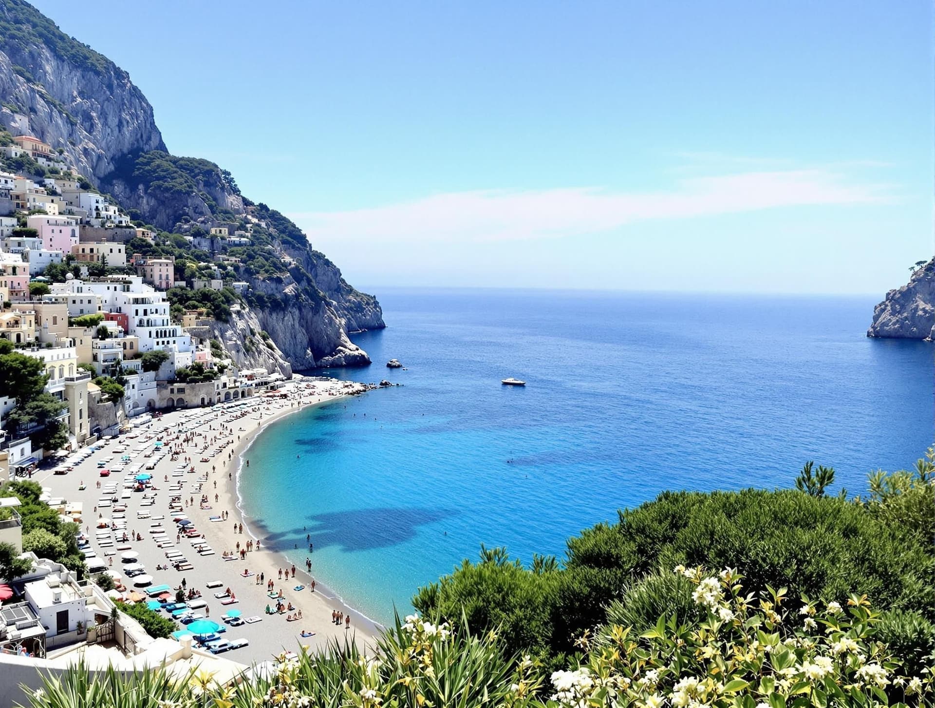 Spiaggia di Fornillo i Positano på Amalfikusten, en lugnare strand en kort promenad från centrum