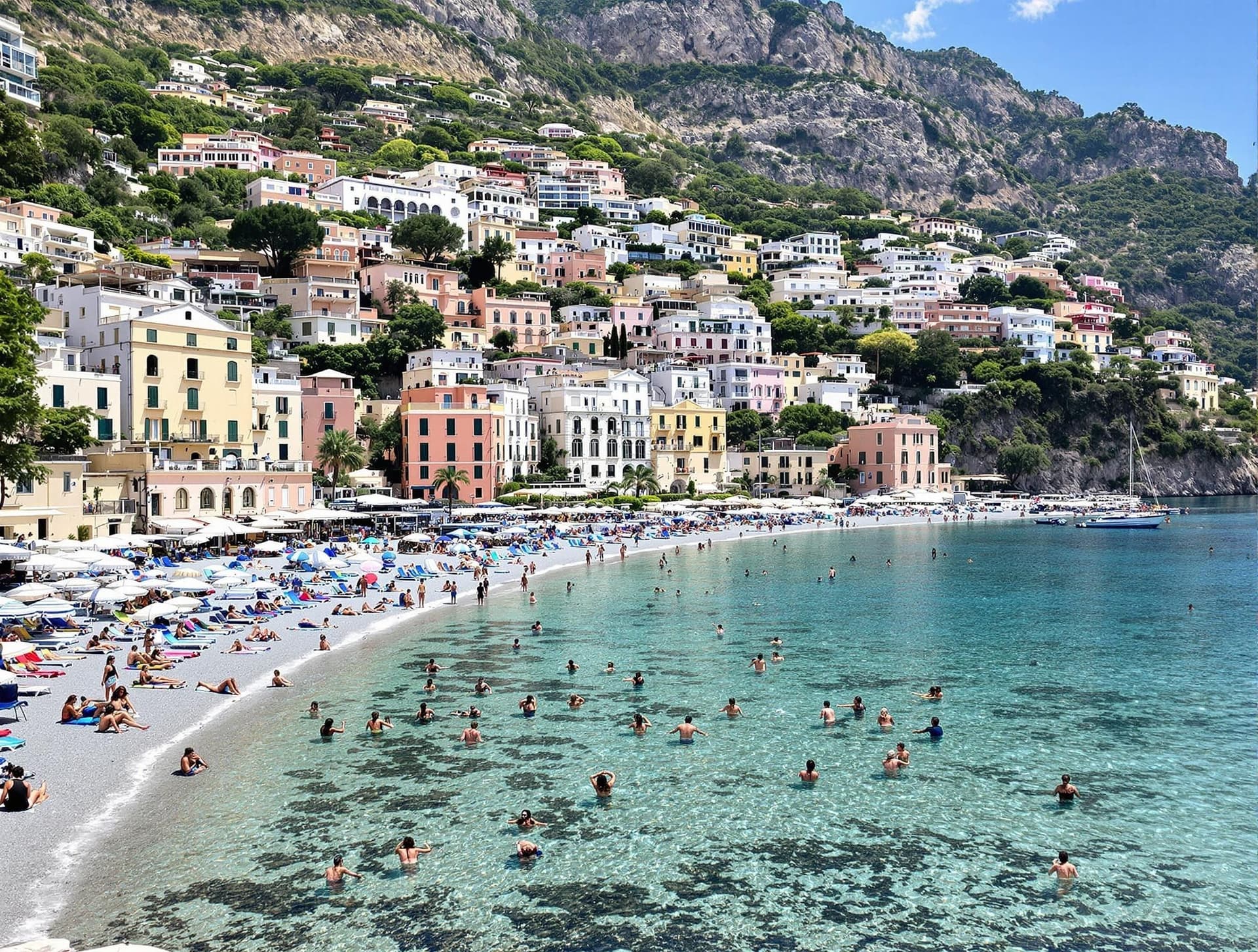 Spiaggia Grande i Positano på Amalfikusten med färgglada solstolar och parasoller