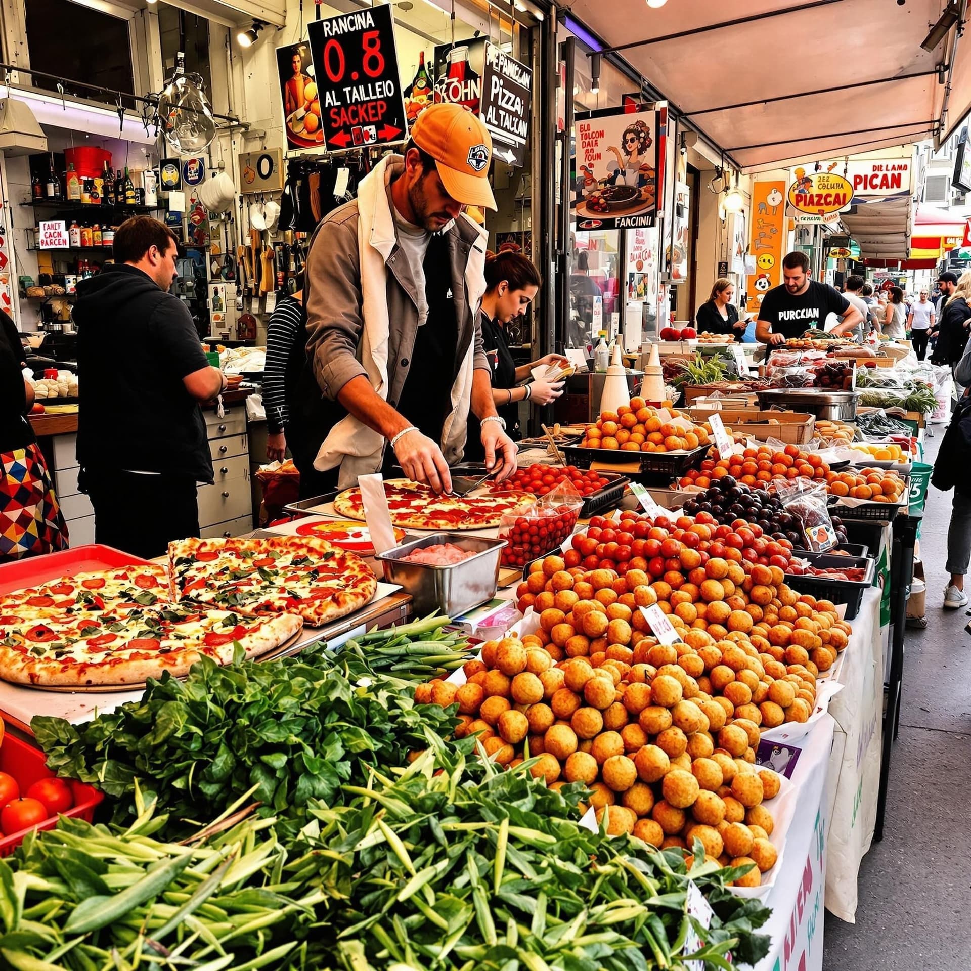 Italiensk gatumat och marknad, pizza al taglio, arancini, panini, färska råvaror, färgglada stånd
