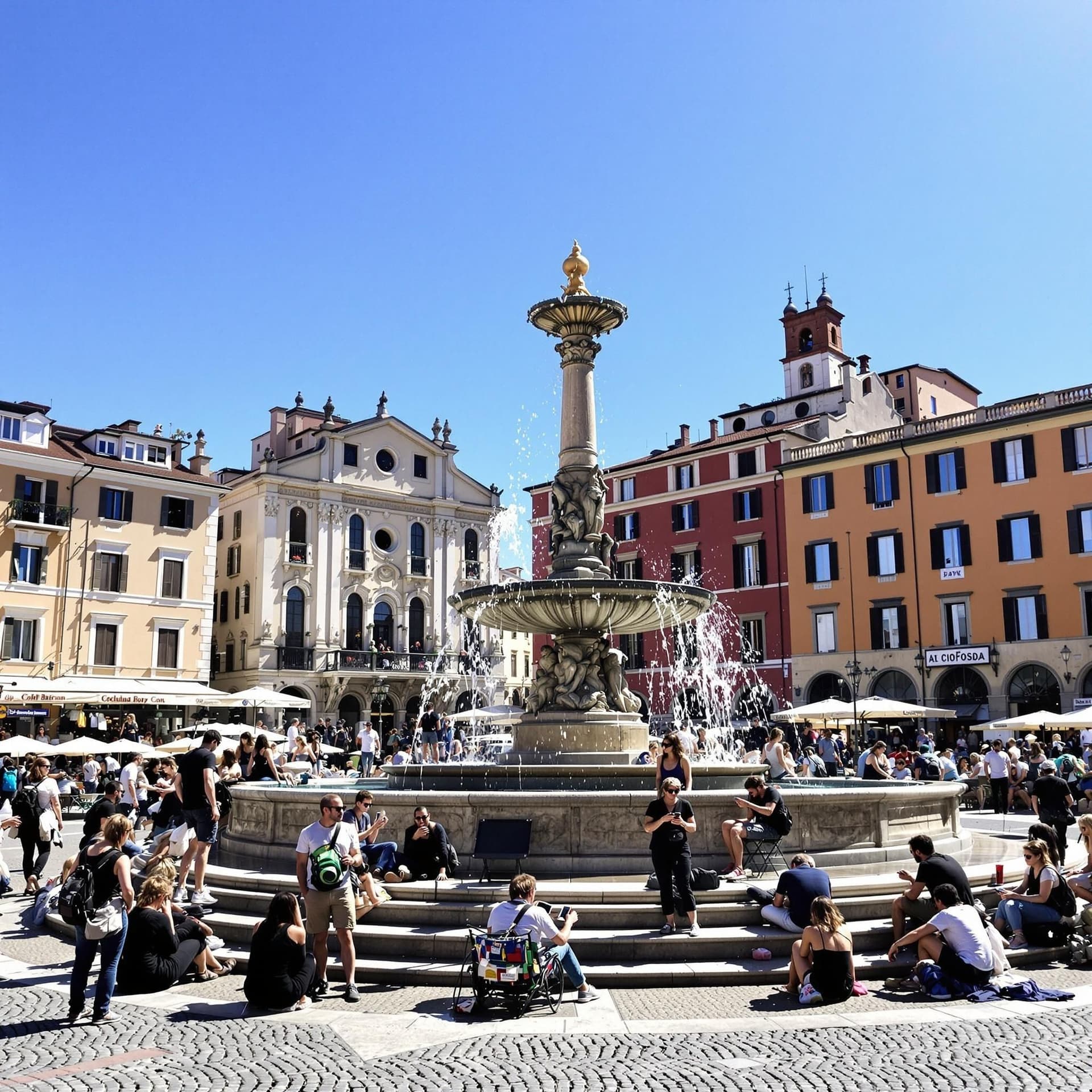 Gratis sevärdheter i Italien, människor som njuter av en offentlig piazza, historiska byggnader, fontän