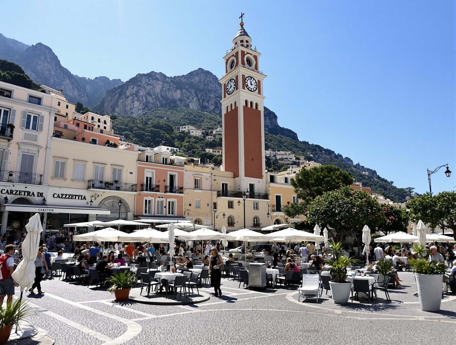 Piazzetta di Capri, det centrala torget och sociala hjärtat av Capri stad, med klocktornet och uteserveringar