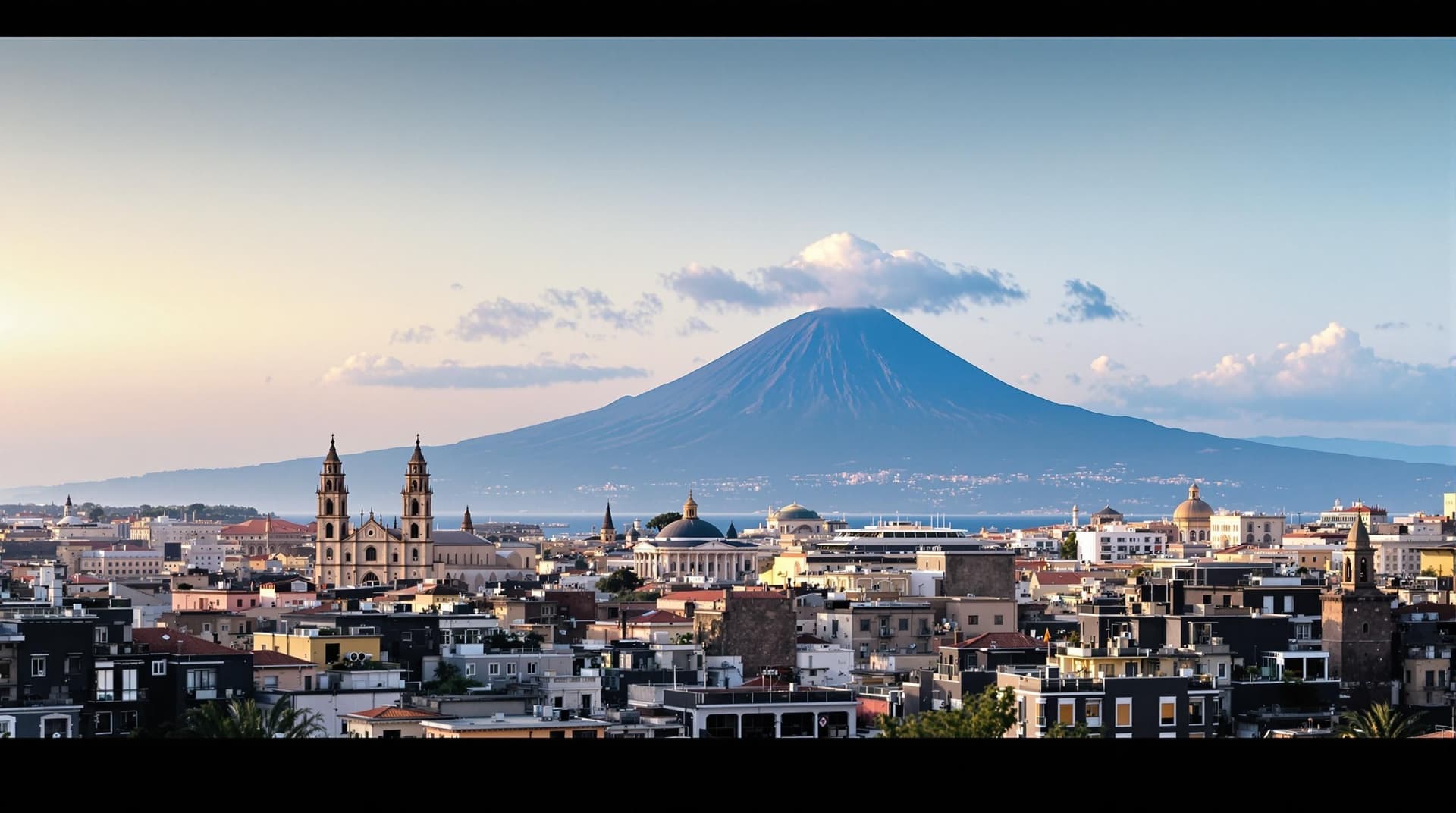 Panoramautsikt över Catania, Sicilien, med dess karakteristiska byggnader i svart lavasten och Etna-vulkanen i bakgrunden