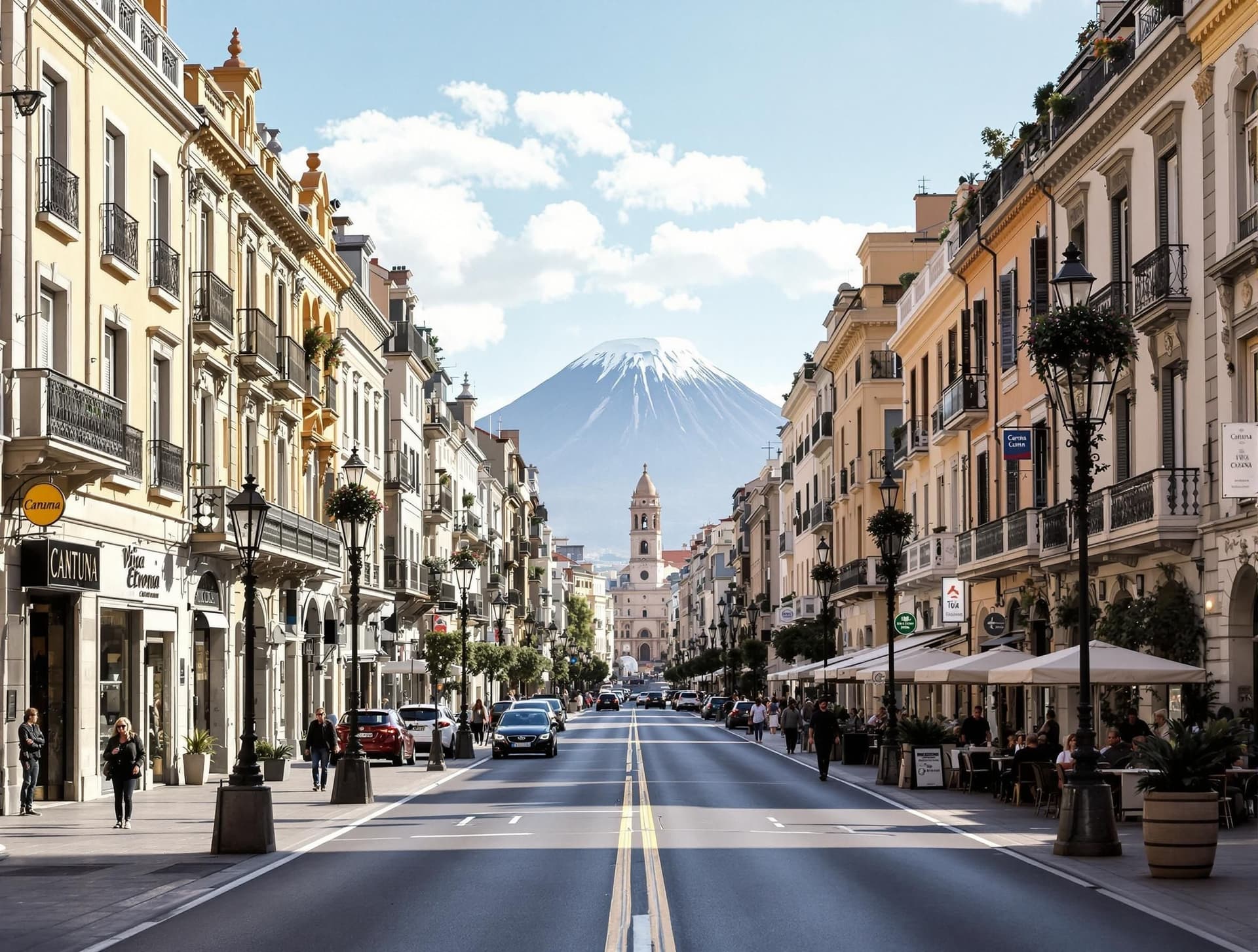 Via Etnea i Catania, Sicilien, stadens huvudgata med eleganta byggnader och Etna-vulkanen i bakgrunden