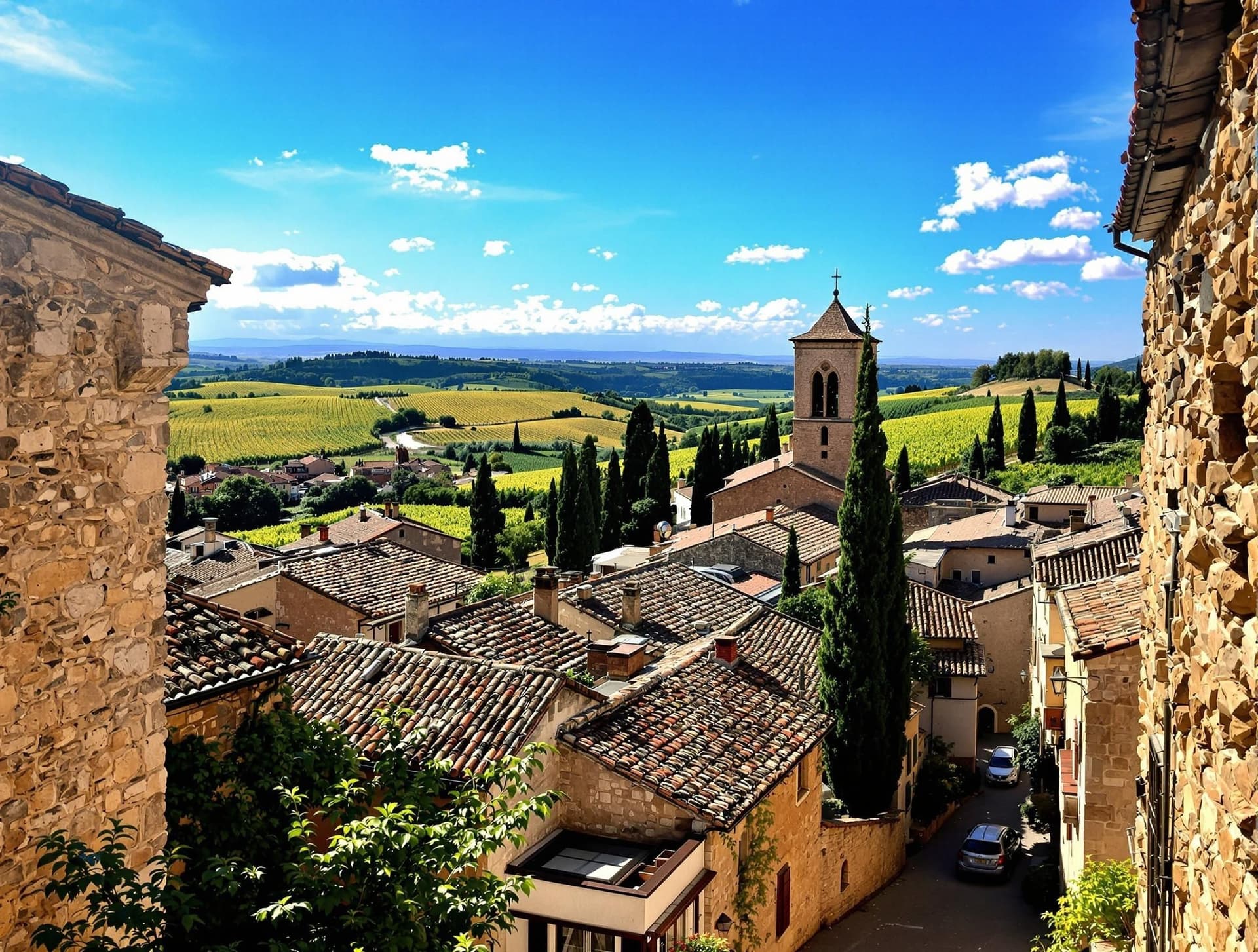 Medeltida by i Chianti, Toscana, Italien, med stenbyggnader, smala gator, kyrktorn, omgiven av böljande kullar