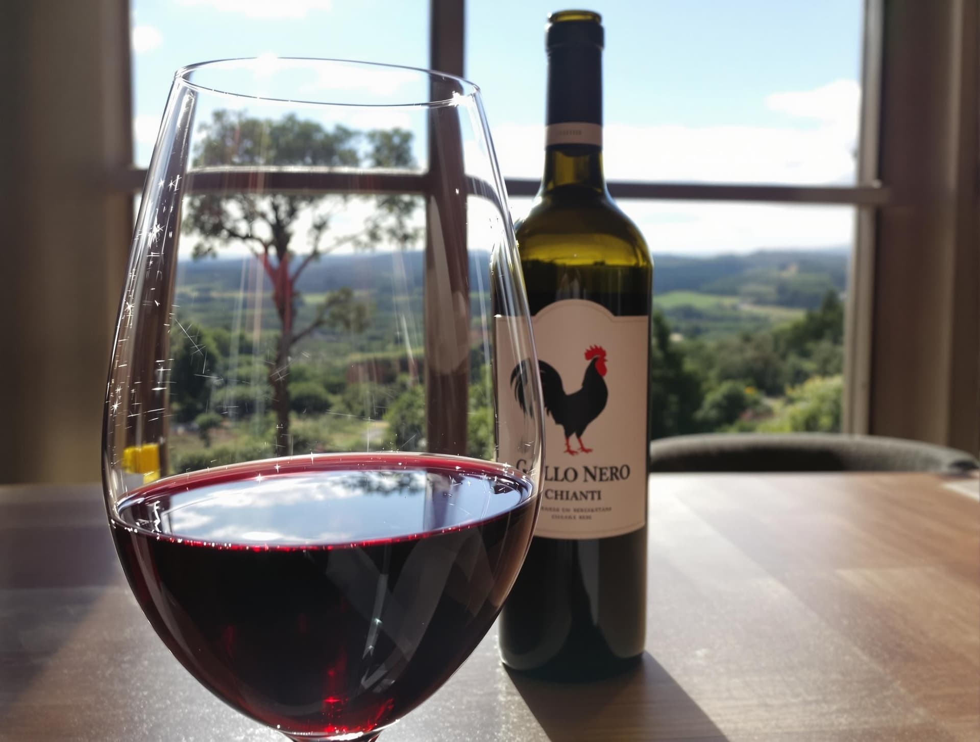 Chianti-vin i glas, rubinröd färg, flaska med svart tupp (Gallo Nero) på etiketten, toskanskt landskap i bakgrunden