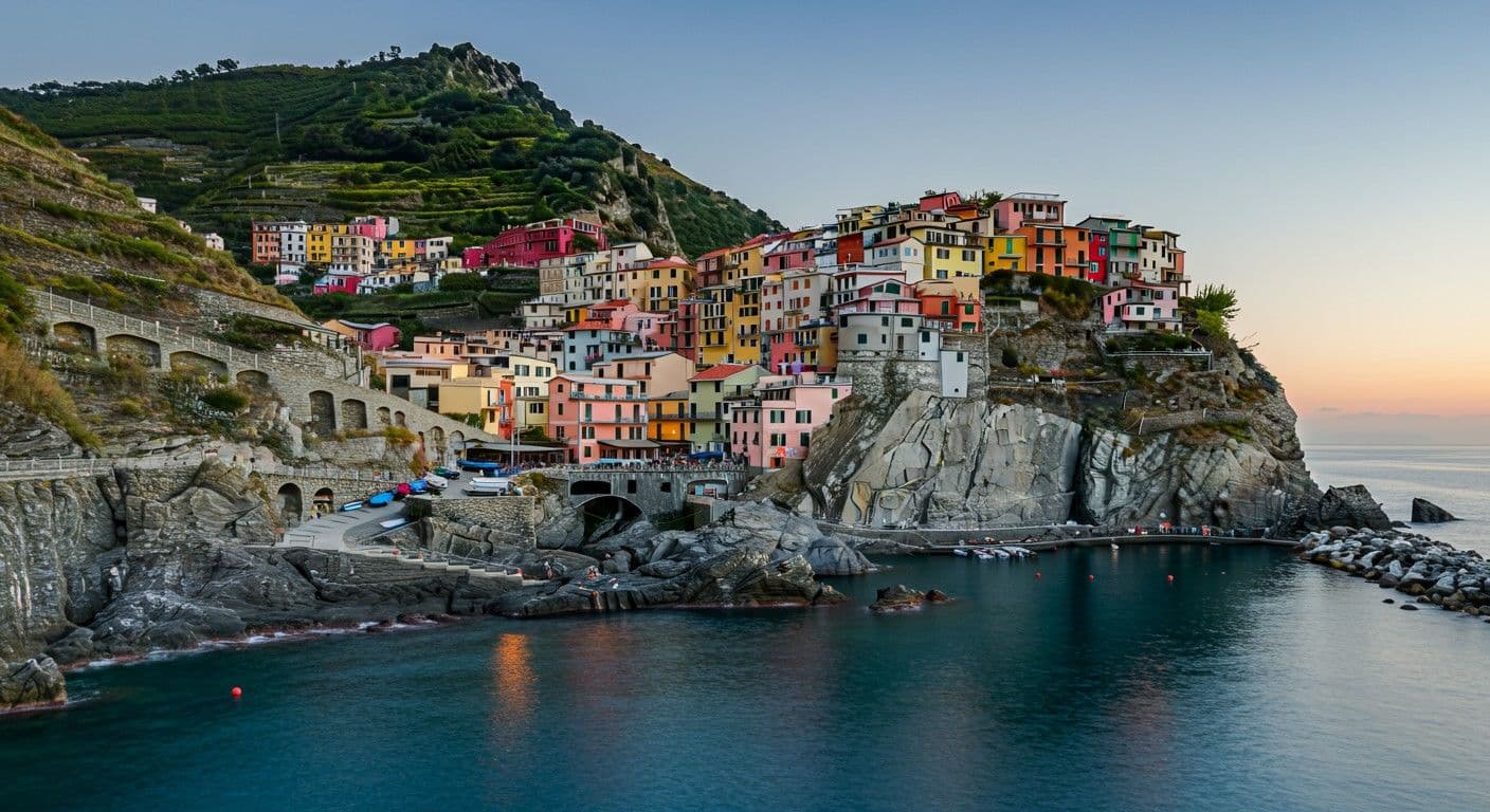 Cinque Terre med den vackra byn Manarola vid solnedgång