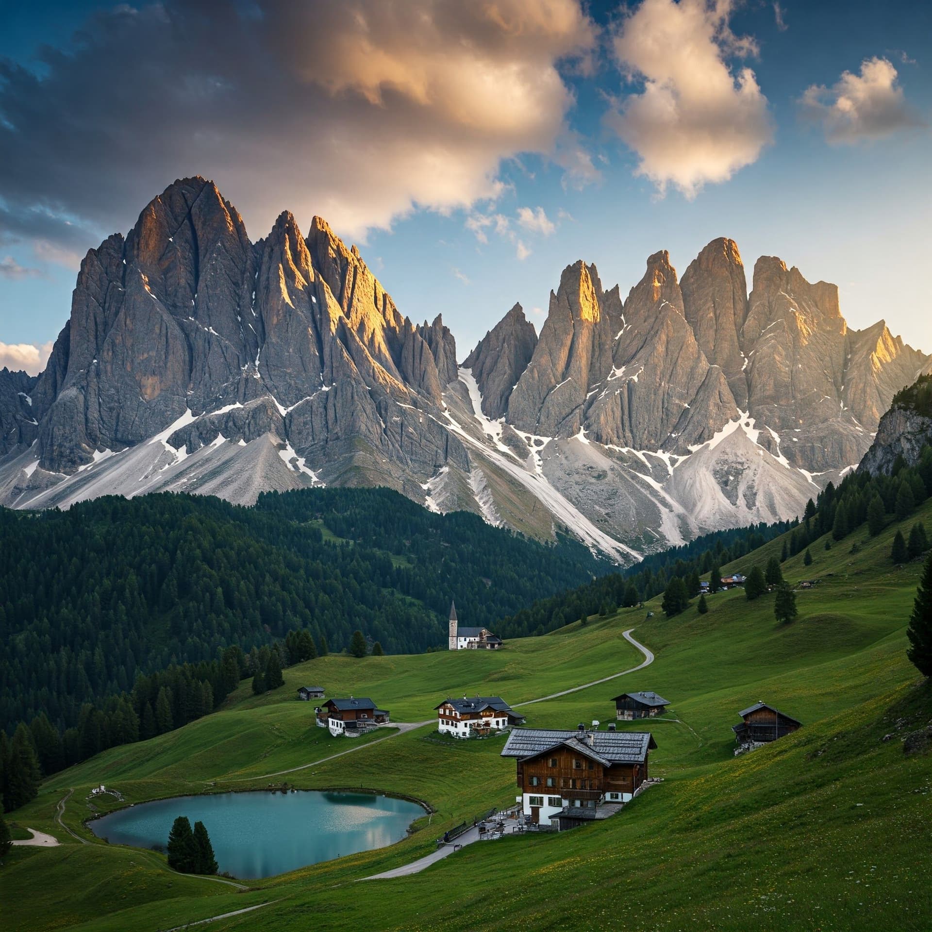 Spektakulärt berglandskap i Dolomiterna med dramatiska toppar och alpängar
