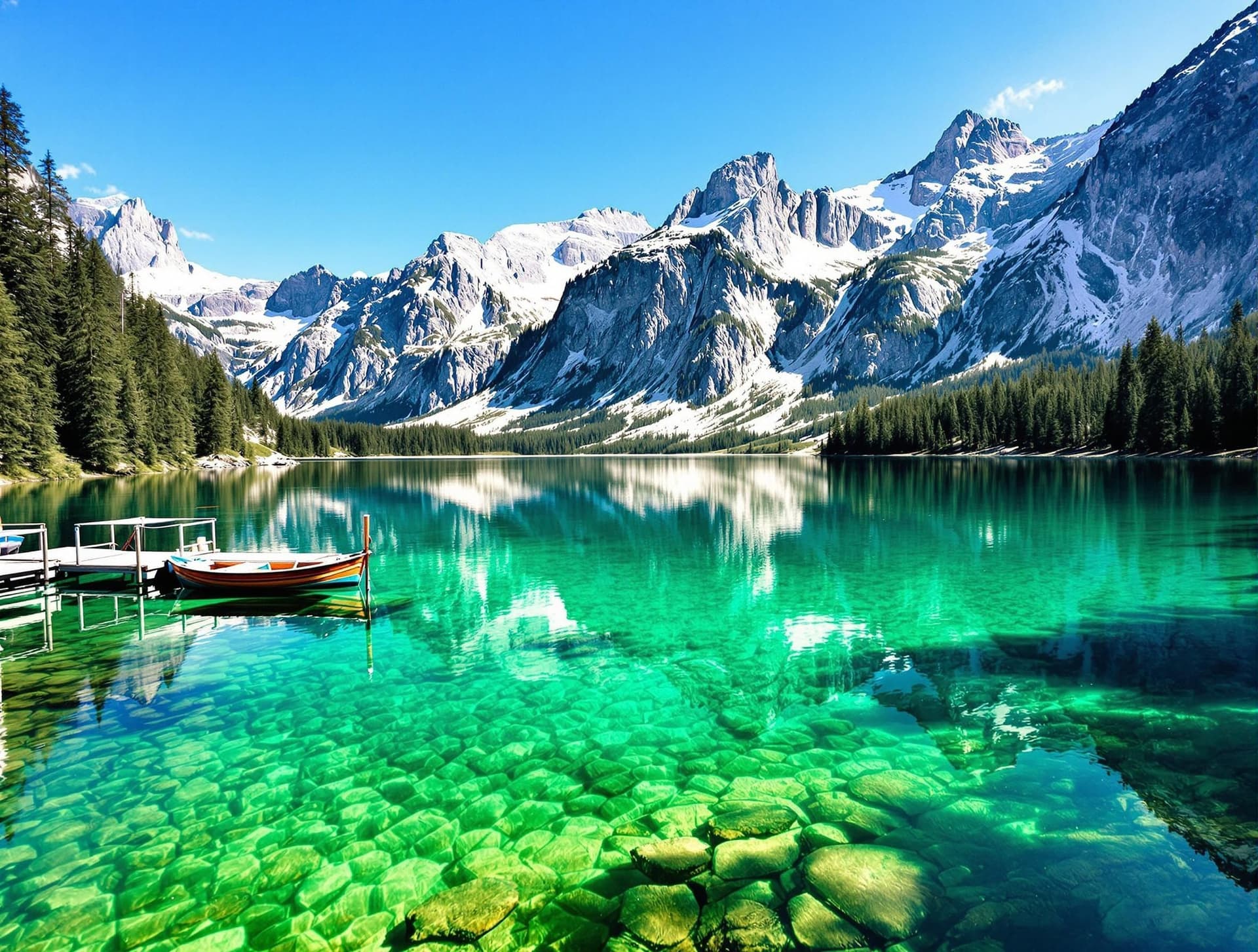 Lago di Braies (Pragser Wildsee) i Dolomiterna, den smaragdgröna alpsjön med kristallklart vatten