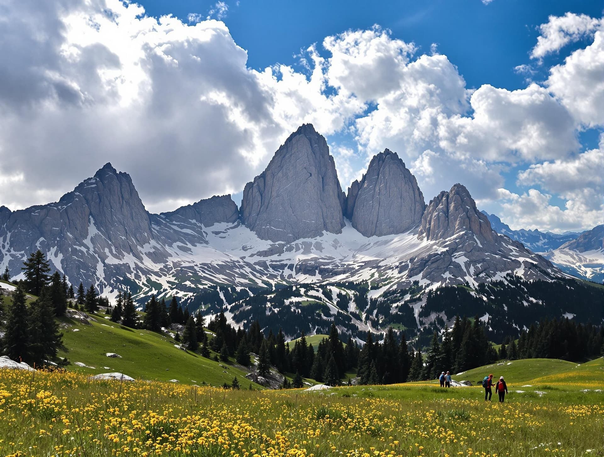 Dolomiterna med de berömda Tre Cime di Lavaredo bergstopparna, dramatiska klippor och alpina ängar