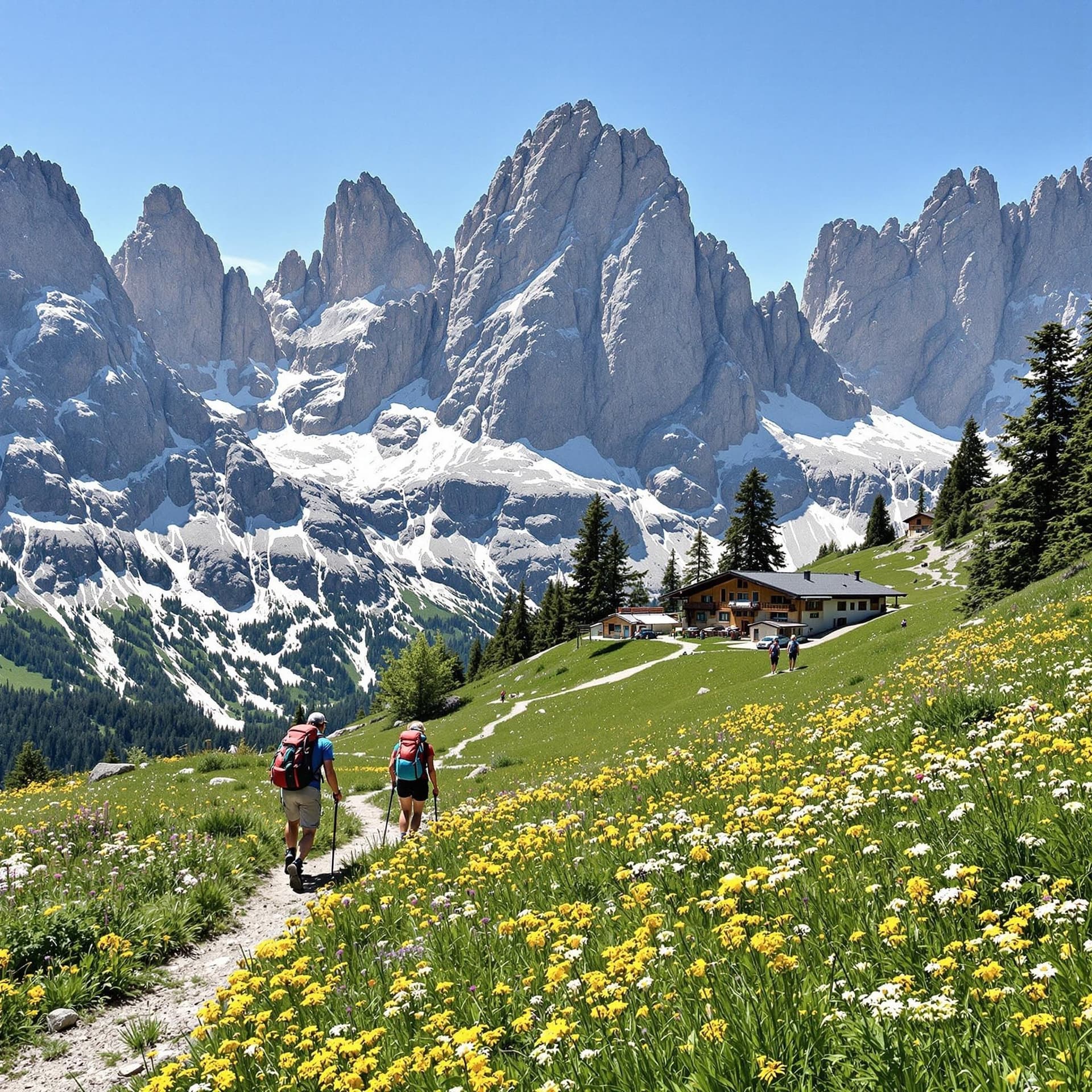 Vandring i Dolomiterna, Italien, med dramatiska bergstoppar, alpina ängar och vandringsleder