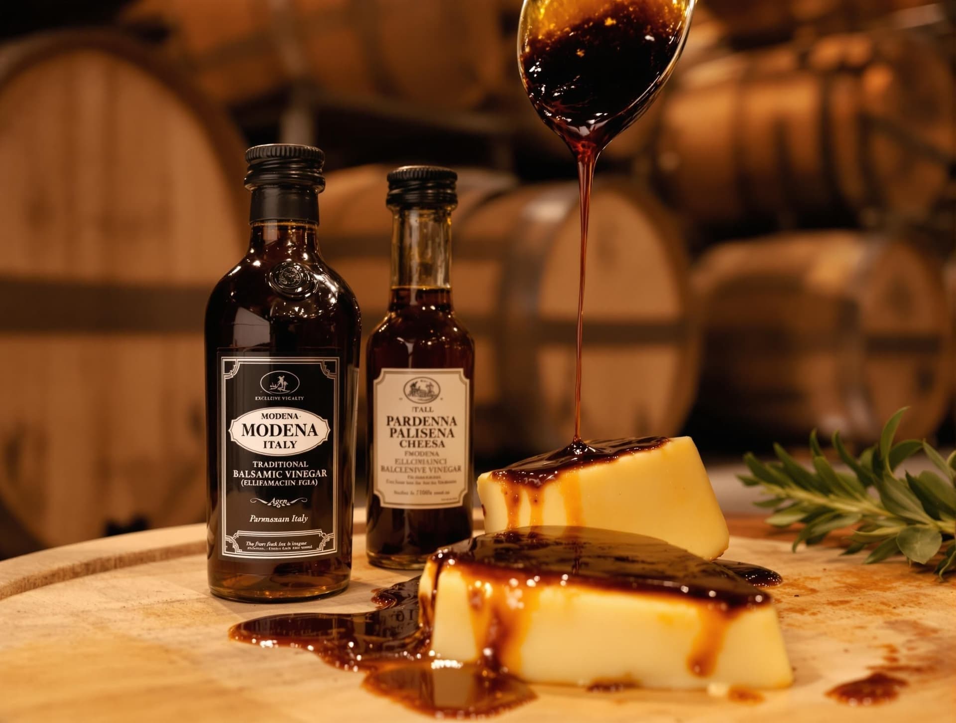 Traditionell balsamvinäger från Modena, Emilia-Romagna, med träfat för lagring
