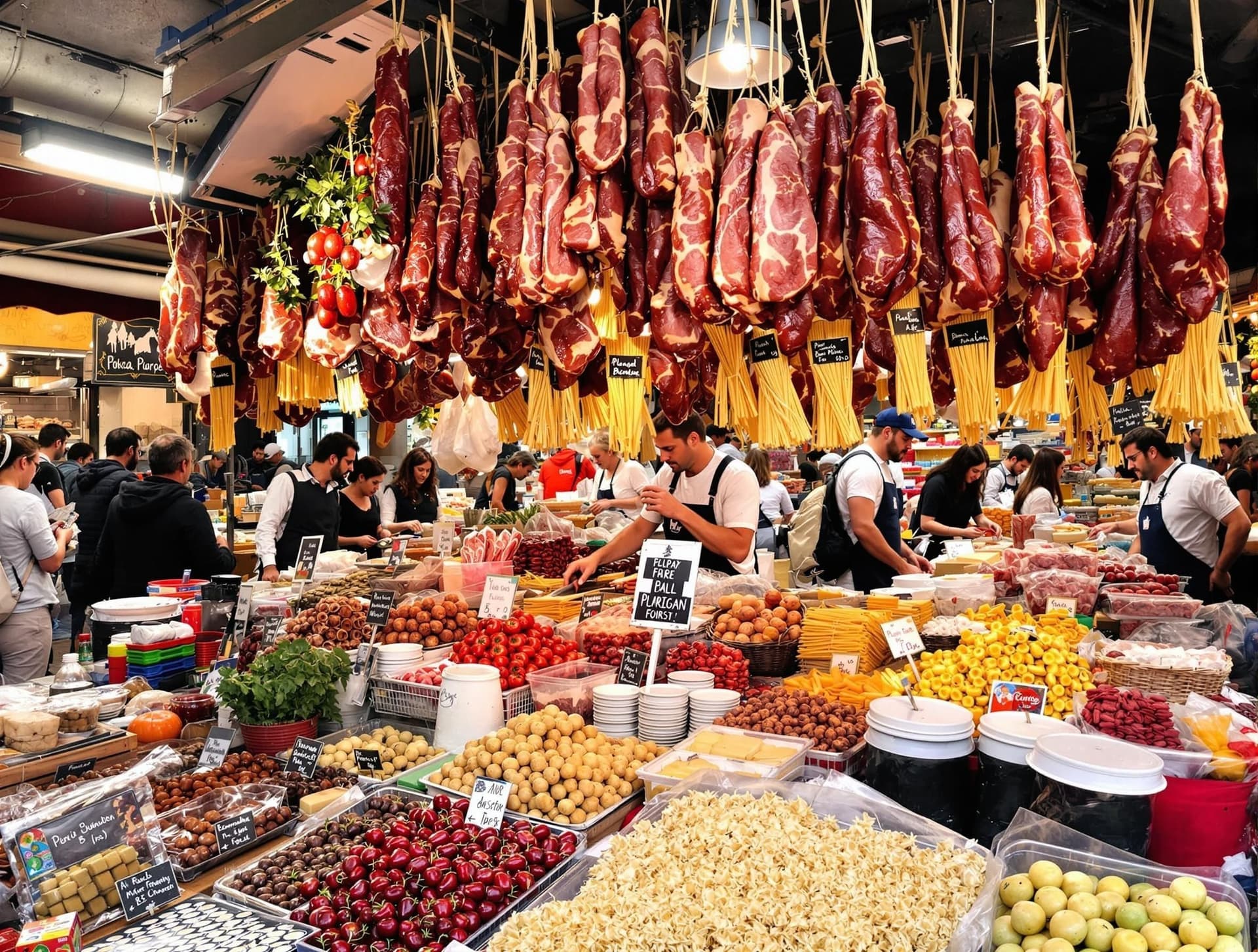 Matmarknad i Bologna, Emilia-Romagna, med lokala delikatesser och livlig atmosfär