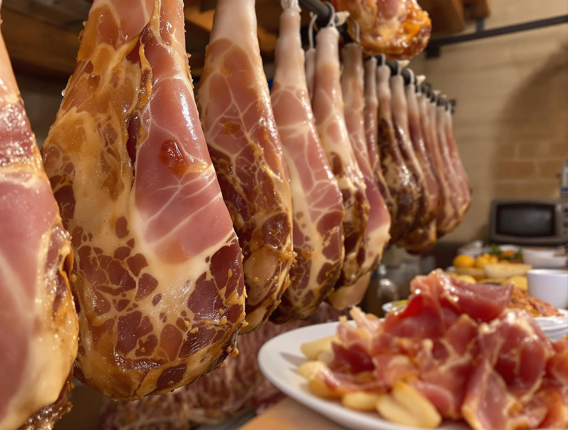 Culatello di Zibello från Emilia-Romagna, Italien, exklusiv lufttorkad skinka som hänger för att mogna