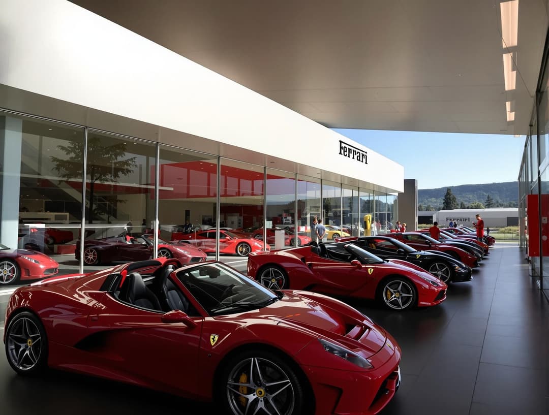 Ferrari-museet i Maranello, Emilia-Romagna, Italien, med röda Ferrari-bilar på utställning
