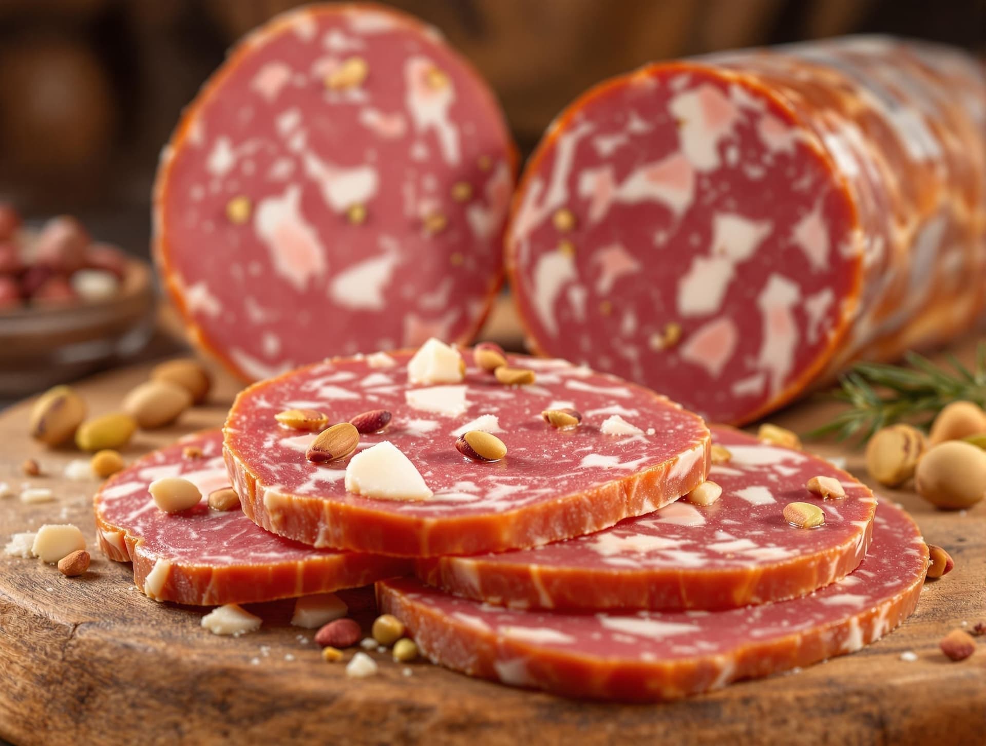 Mortadella Bologna från Emilia-Romagna, Italien, med tunna skivor av den rosa charkuterivaran