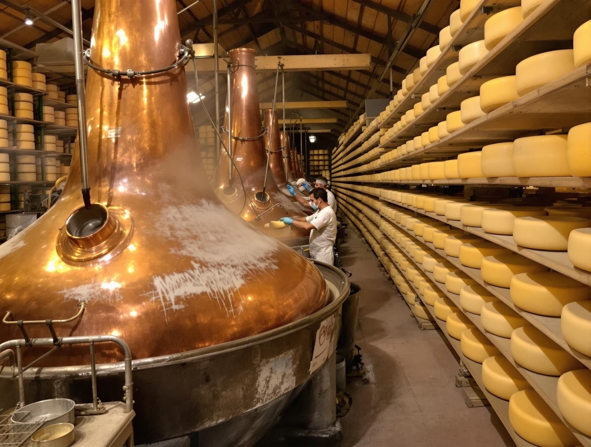 Parmigiano Reggiano-produktion i Emilia-Romagna med osthjul som lagras på hyllor