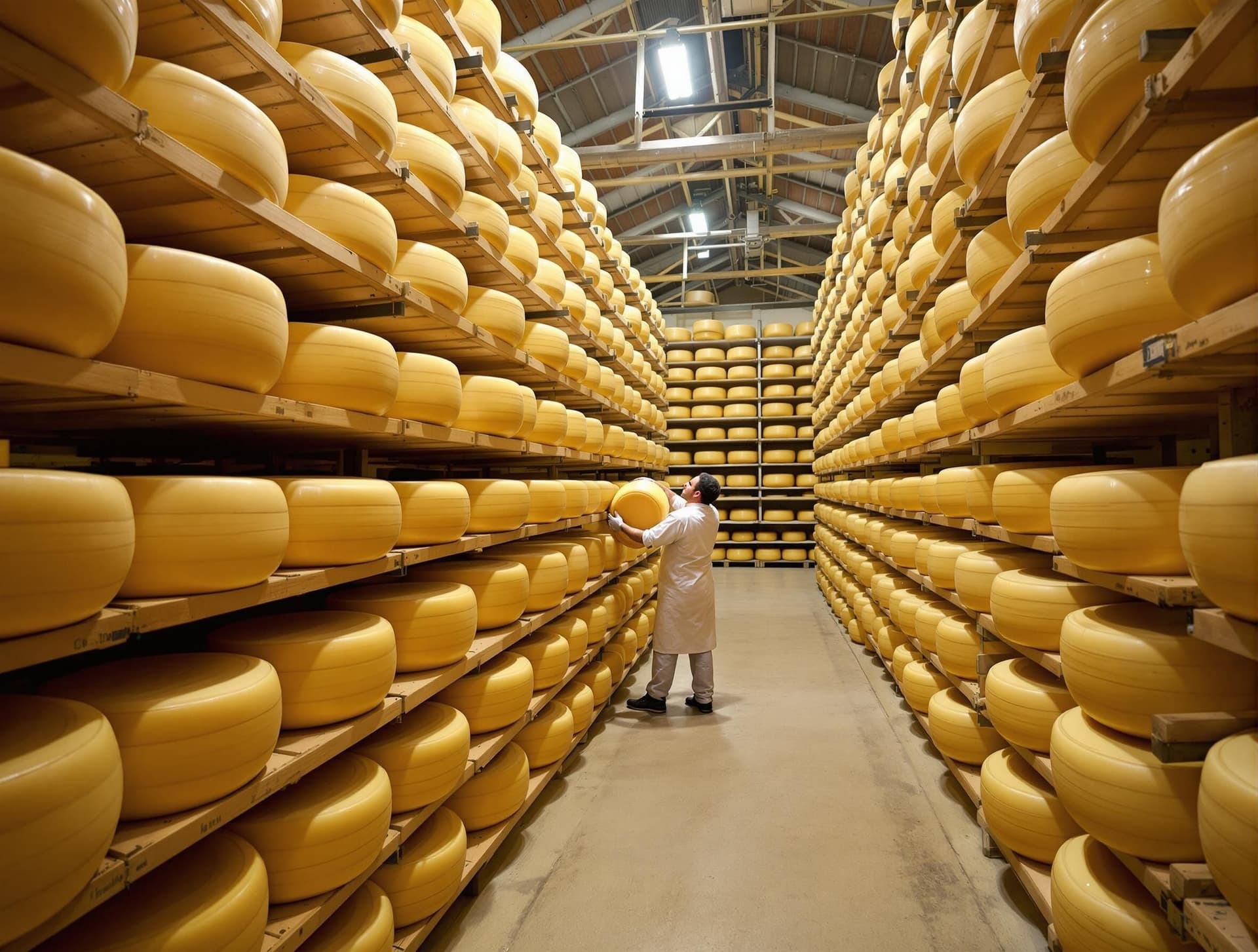 Stora hjul av Parmigiano Reggiano-ost som lagras i ett traditionellt ostlager i Emilia-Romagna