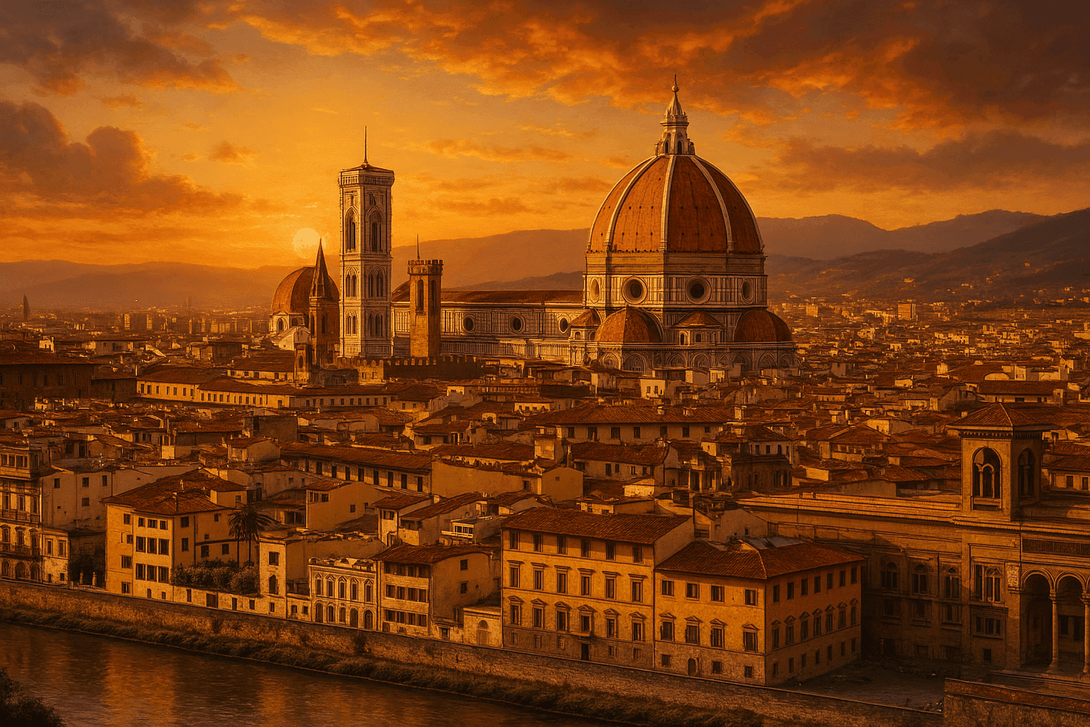 Panoramavy över Florens med Duomo och Arno-floden vid solnedgång