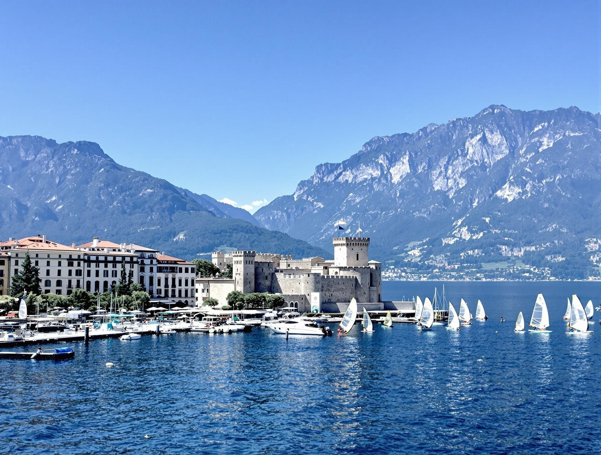 Riva del Garda vid norra änden av Gardasön med vacker hamn, medeltida fästning och höga berg i bakgrunden