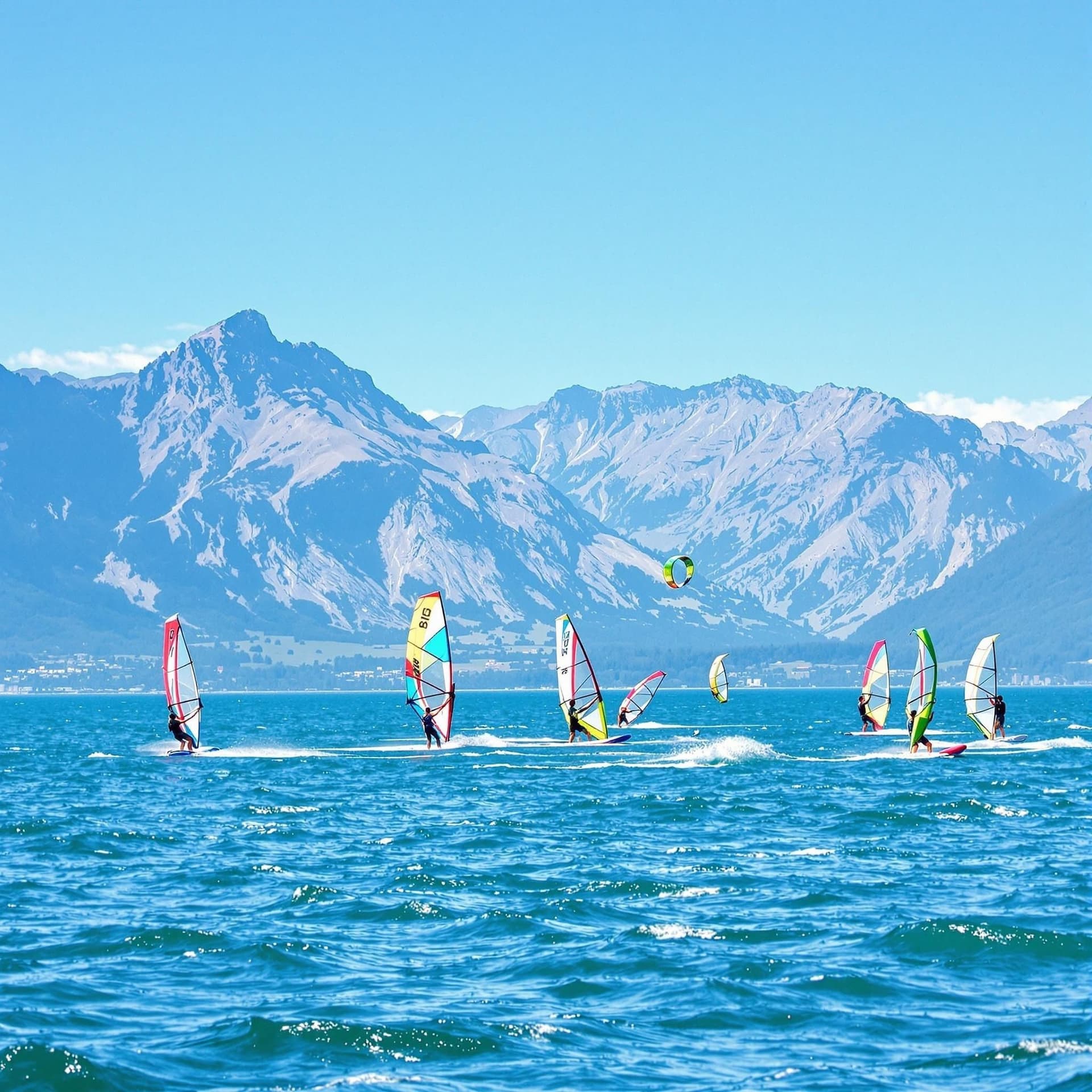 Vattensporter på Gardasjön med vindsurfare och kitesurfare som glider över det azurblåa vattnet