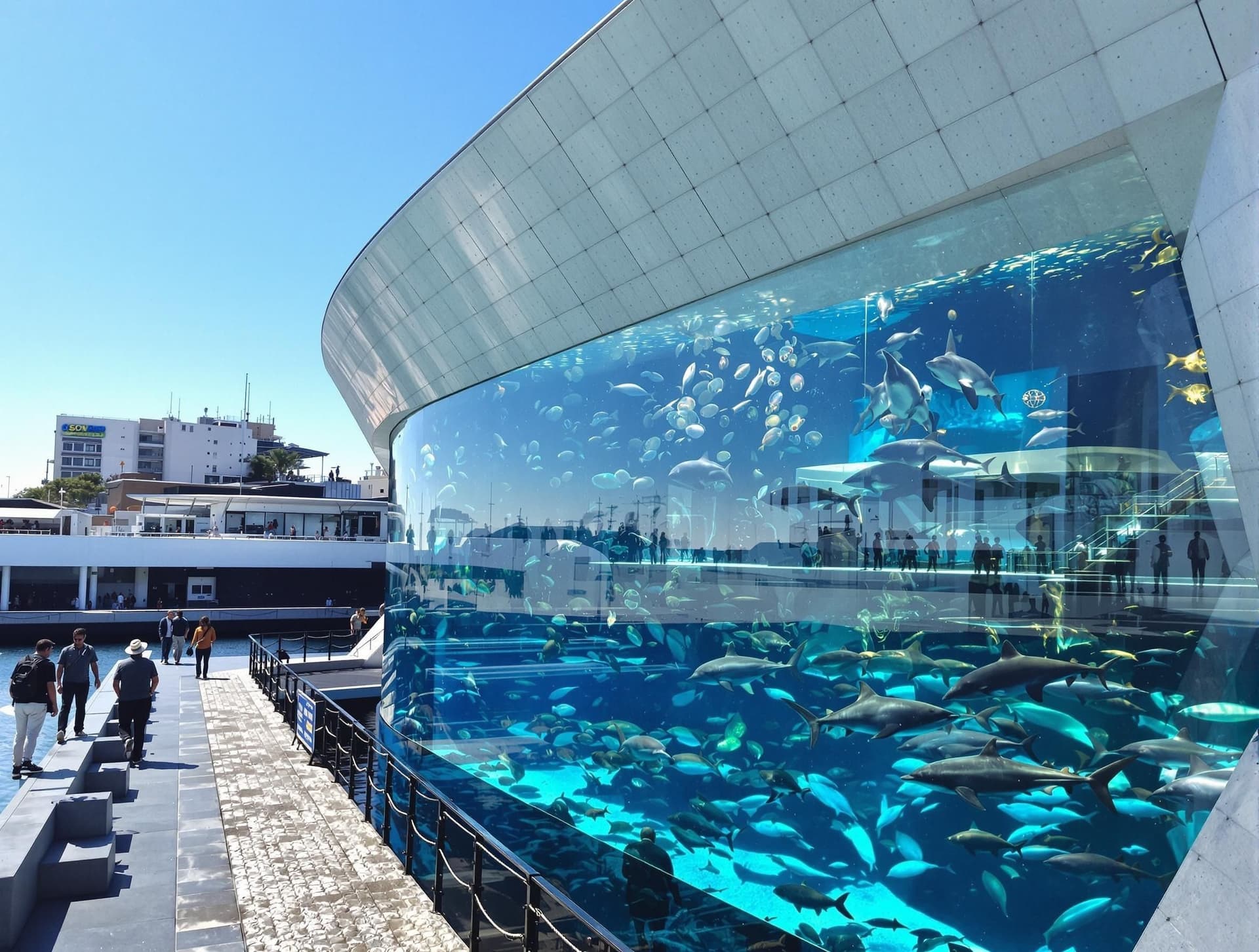 Acquario di Genova, Italien, Europas största akvarium, modern byggnad vid hamnen