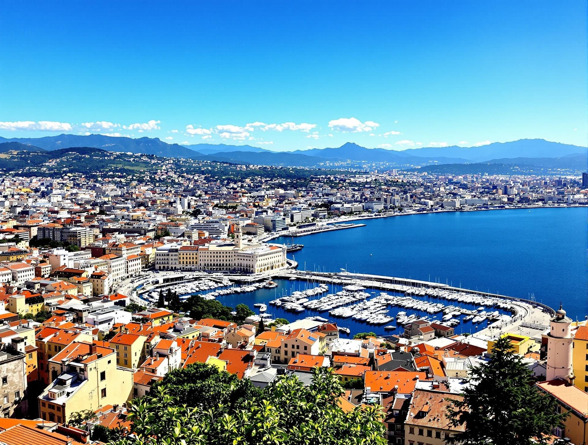 Panoramautsikt över Genua, Italien, med den historiska hamnen, färgglada byggnader och berg i bakgrunden