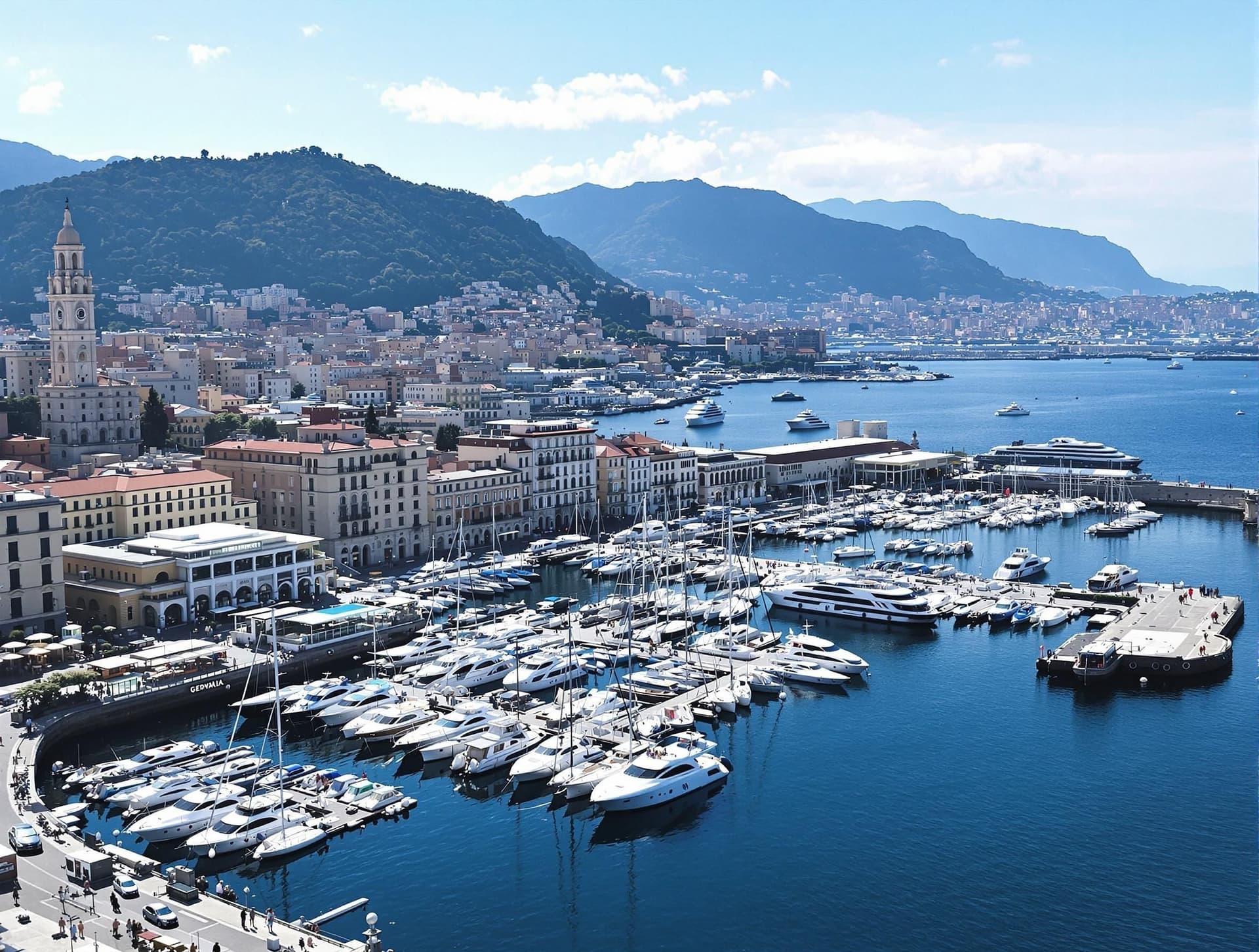 Porto Antico i Genua, Italien, den gamla hamnen designad av Renzo Piano, med Bigo panoramahiss och Acquario di Genova