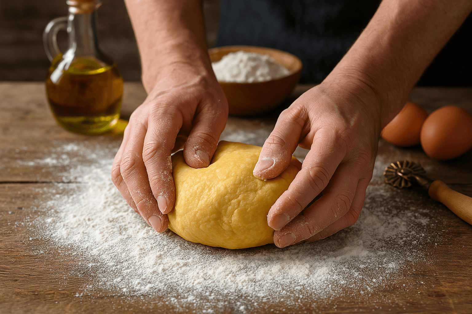 Händer som knådar färsk pastadeg på ett träbord med mjöl och olivolja