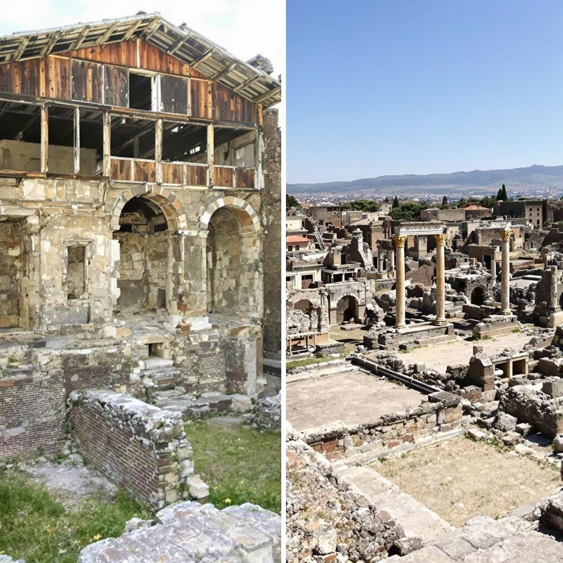 Jämförelse mellan Herculaneum och Pompeji med Vesuvius-vulkanen i bakgrunden, Italien