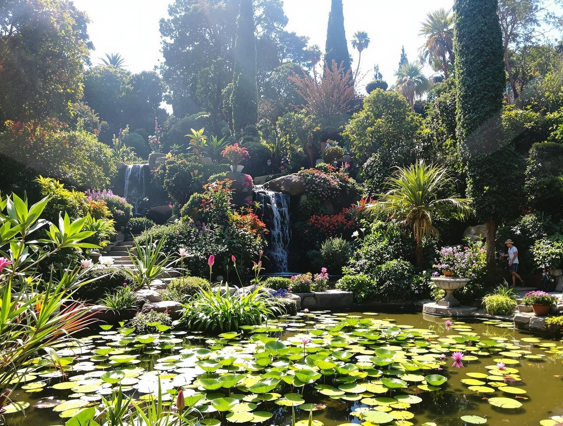 Giardini La Mortella på Ischia, en vacker botanisk trädgård med exotiska växter och vattenfall