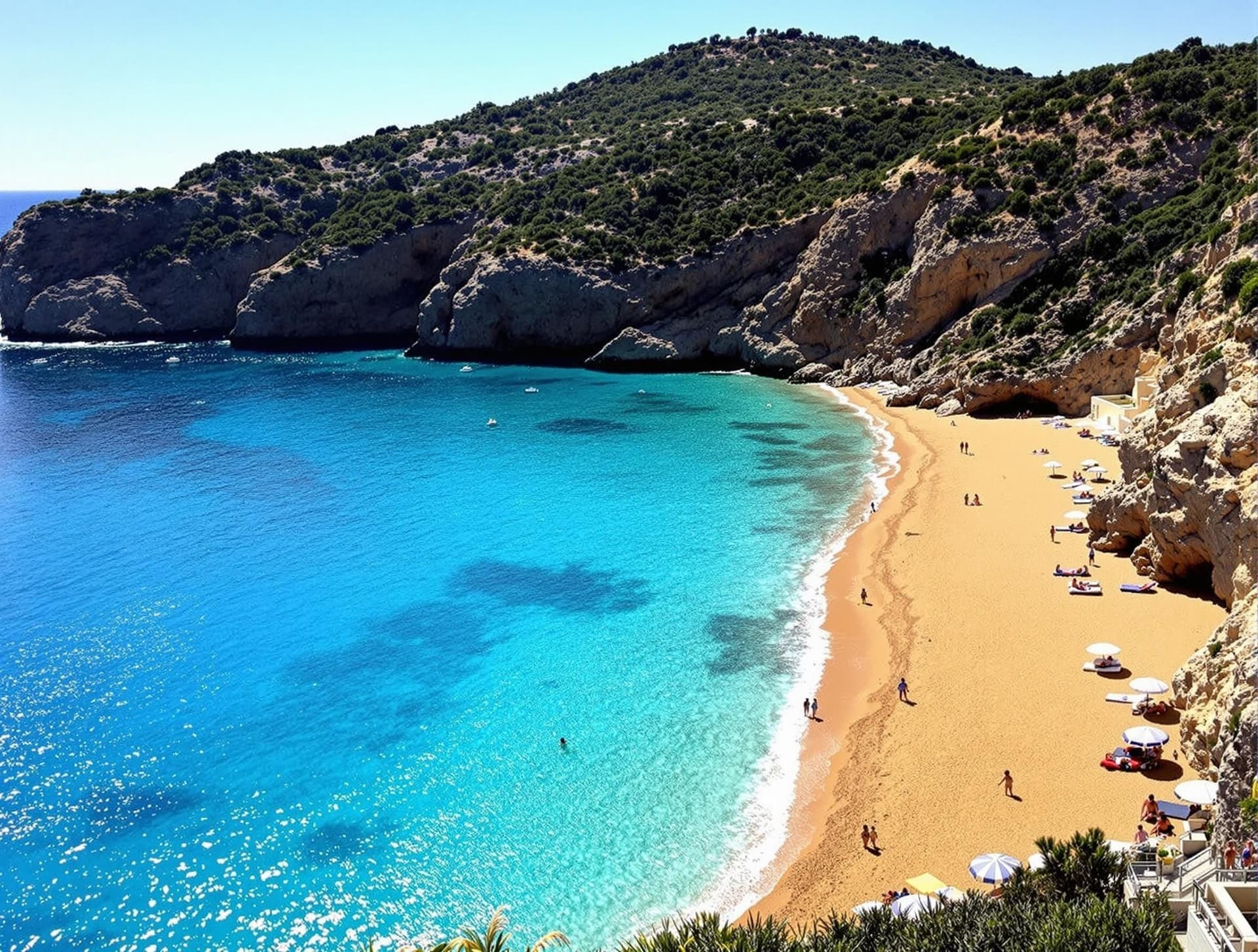 Spiaggia dei Maronti på Ischia, en lång gyllene sandstrand med kristallklart azurblått vatten