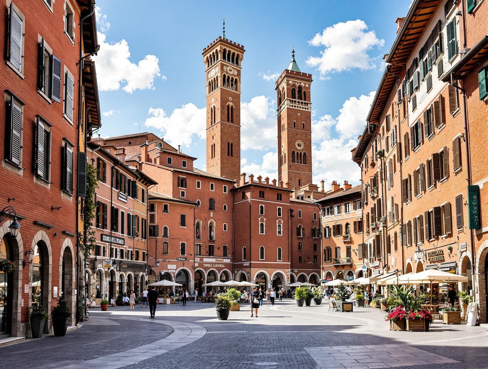 Bologna i Emilia-Romagna, Italien, med dess karakteristiska röda tegelbyggnader och medeltida torn