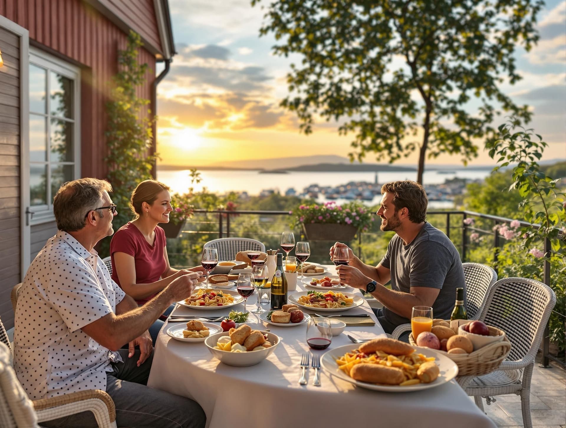 Italiensk familjemiddag utomhus med vacker utsikt över landsbygden