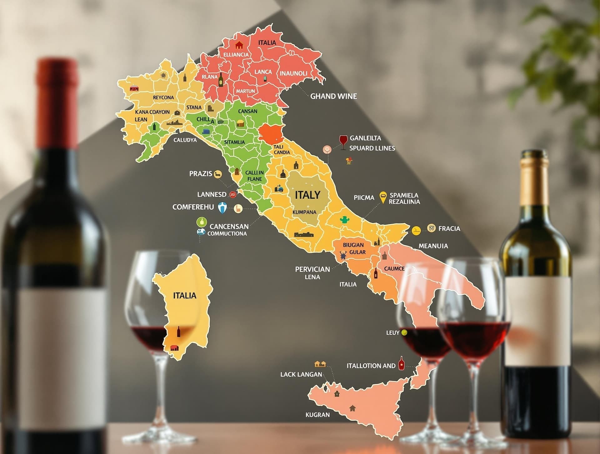Illustrativ karta över Italiens vinregioner med olika regioner markerade i olika färger