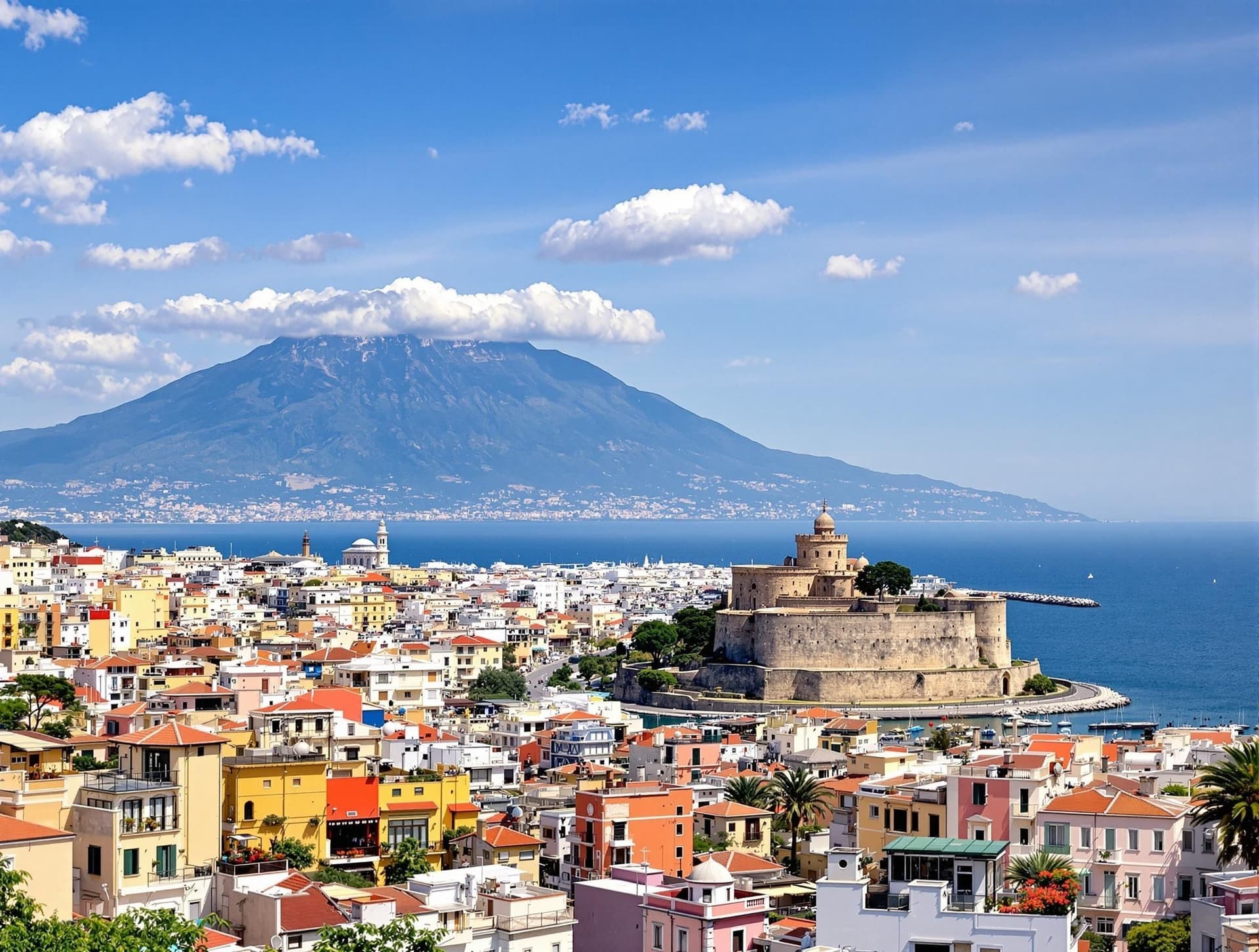 Neapel i Kampanien med dess historiska centrum och Vesuvius i bakgrunden