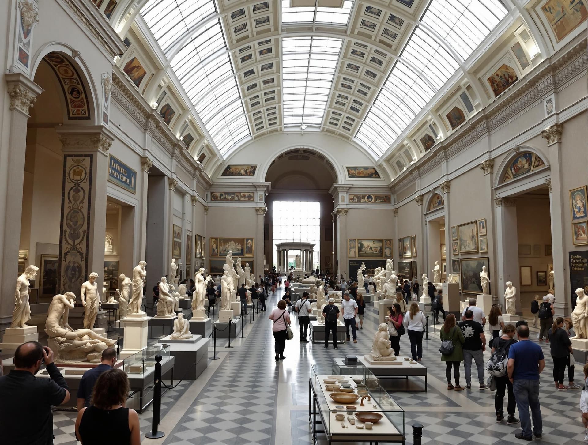 Interiör från Arkeologiska museet i Neapel med antika statyer och artefakter