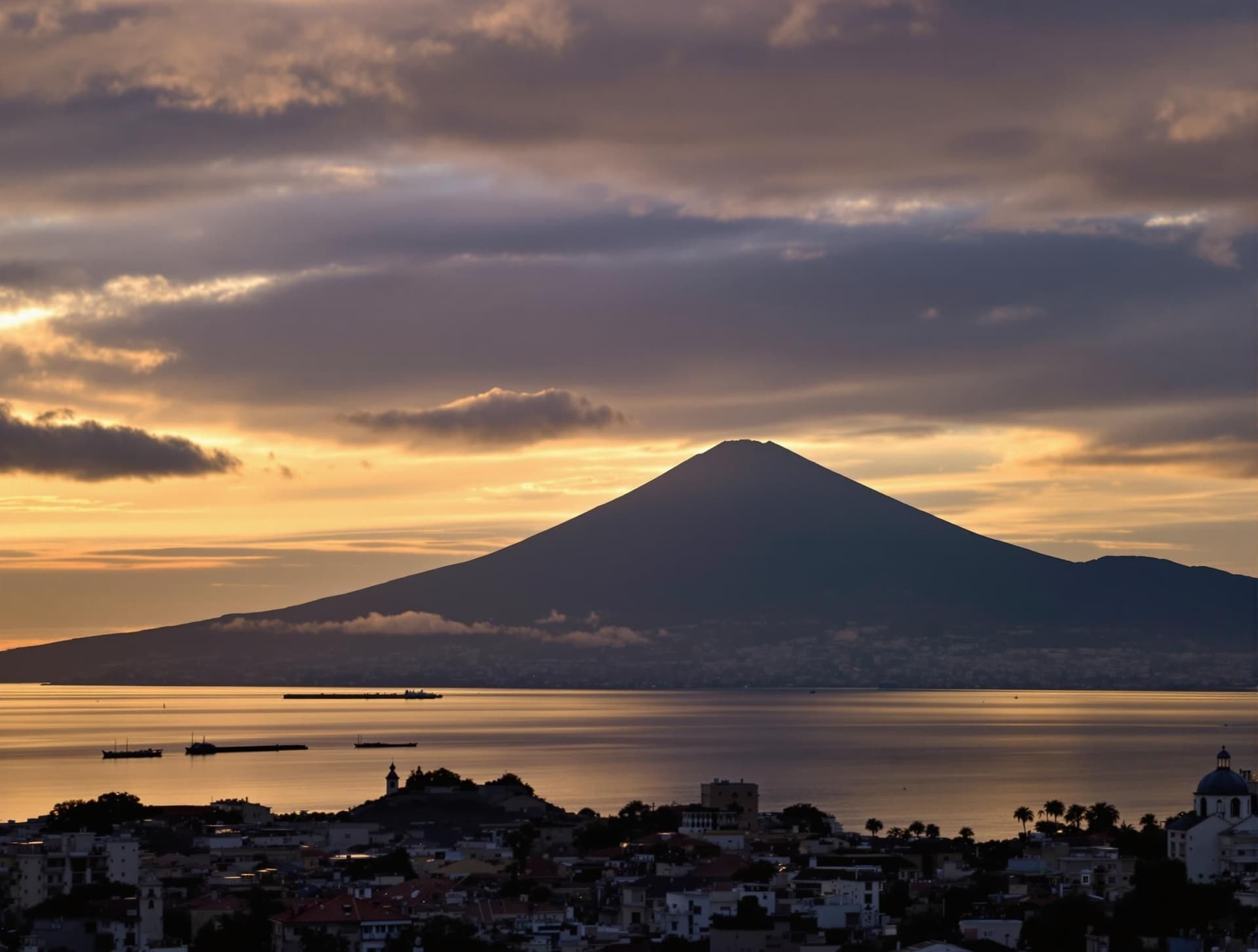 Vesuvius-vulkanen sedd från Neapel, den ikoniska silhuetten av vulkanen som reser sig över Neapelbukten