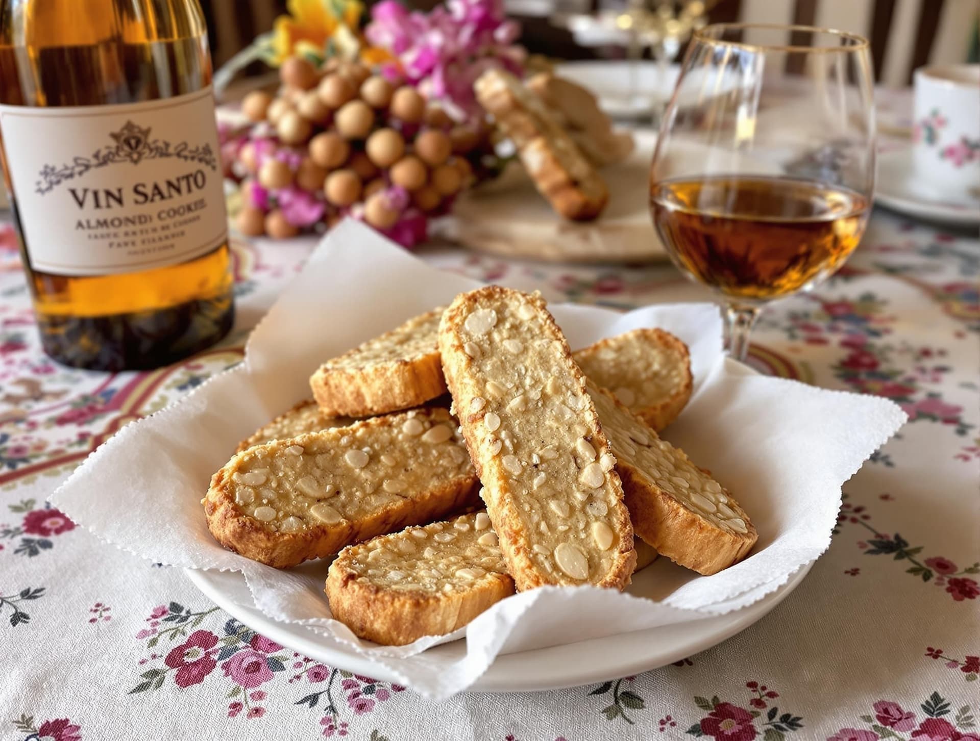 Cantucci, toskanska mandelbiscotti, serverade med ett glas Vin Santo