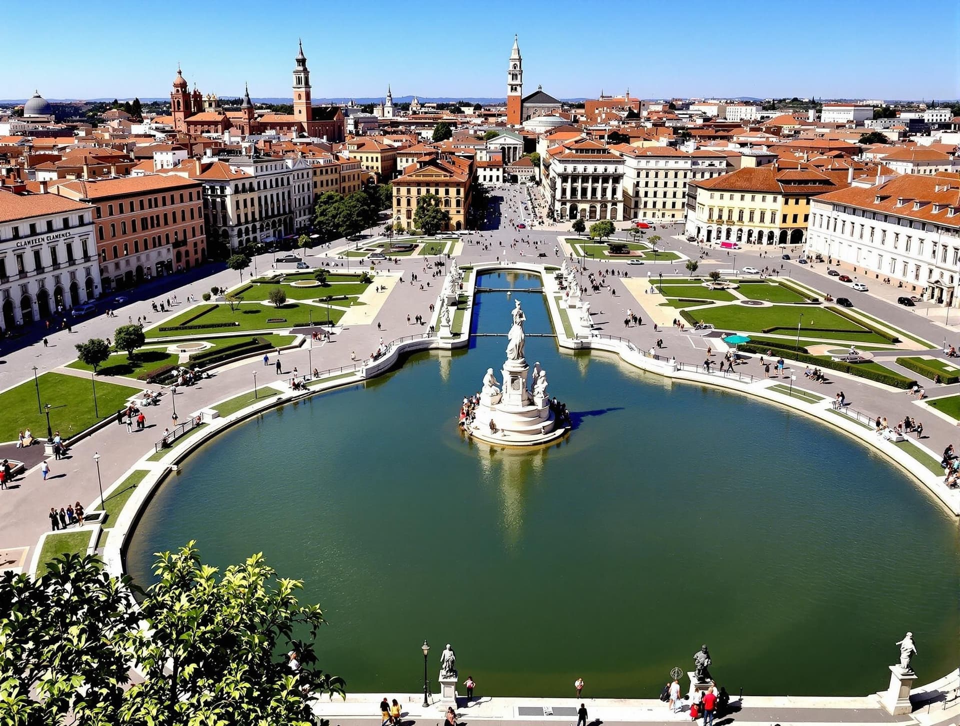 Prato della Valle i Padua, ett av Europas största torg med en elliptisk ö i mitten omgiven av en kanal med statyer