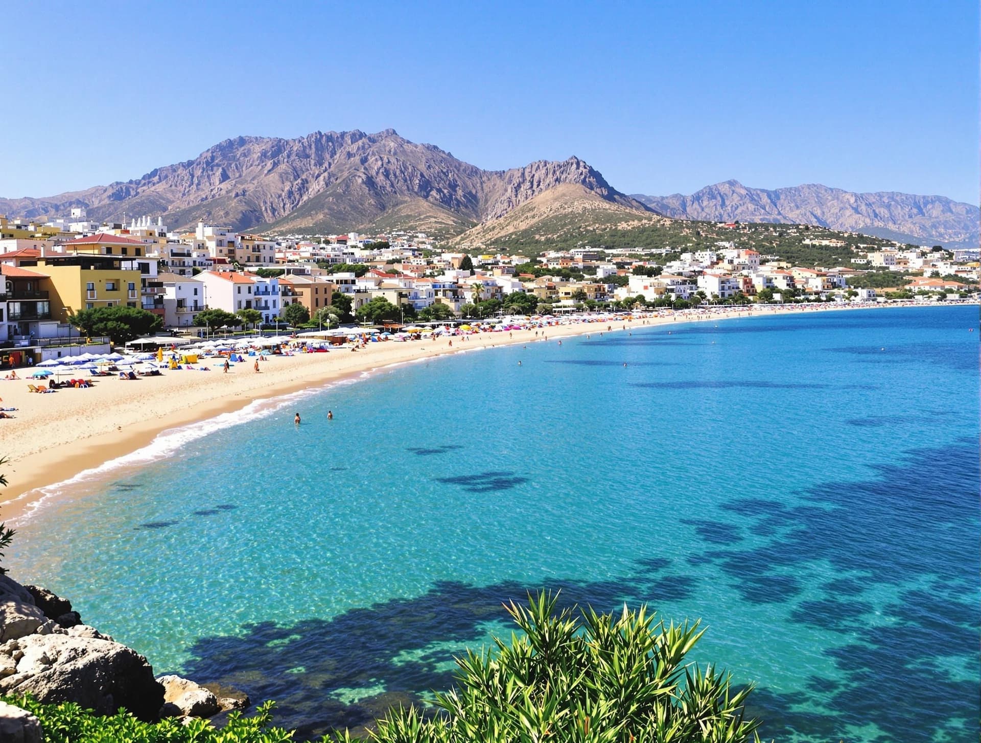 Mondello strand nära Palermo, Sicilien, Italien, lång sandstrand med kristallklart turkost vatten