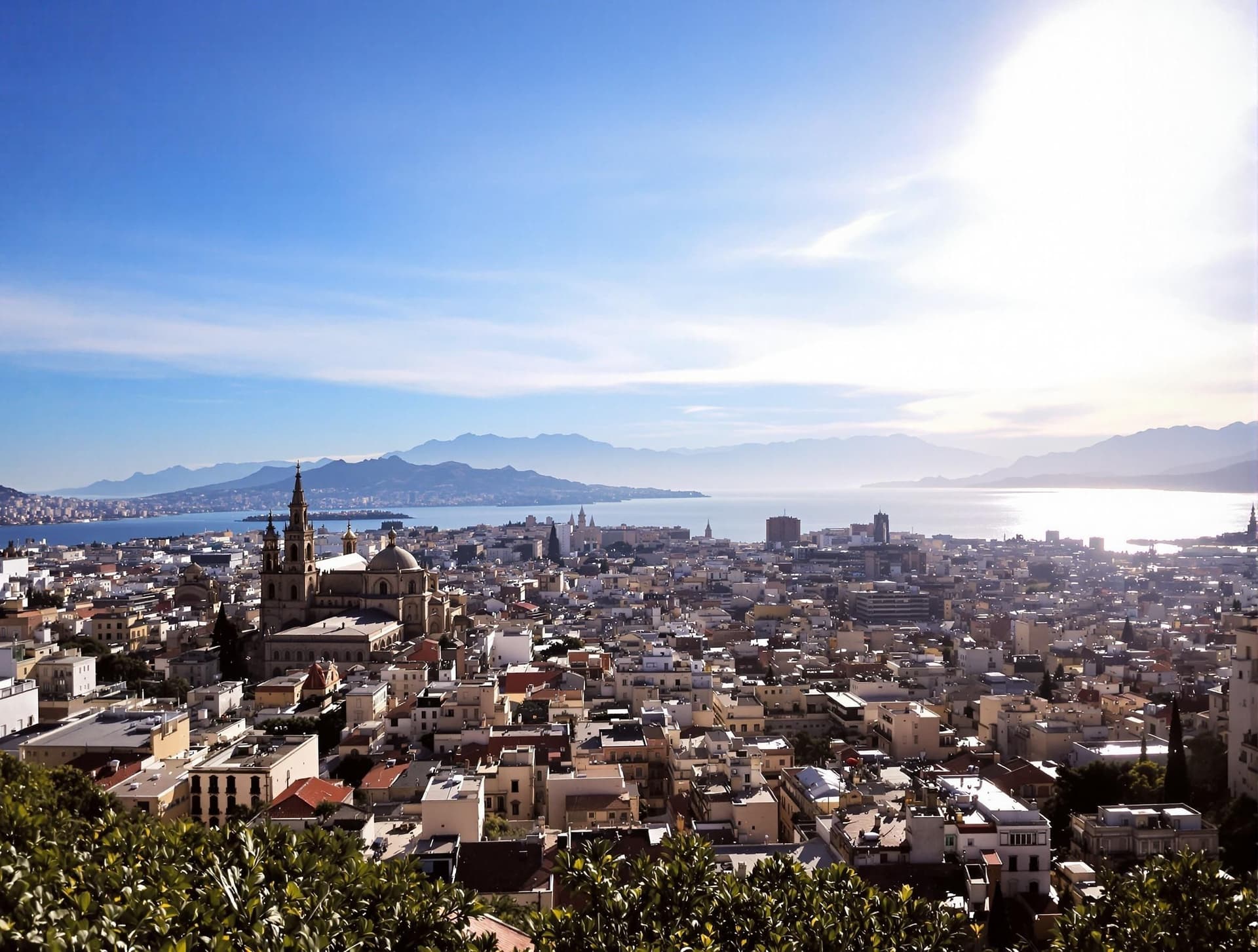 Panoramautsikt över Palermo, Sicilien, Italien, med historiska byggnader och havet i bakgrunden