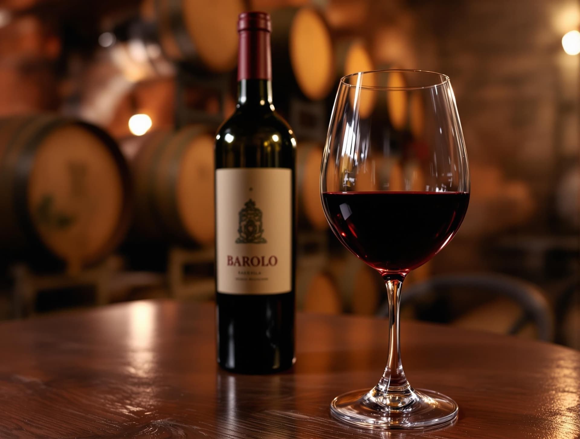Elegant glas Barolo-vin med vinflaska i bakgrunden