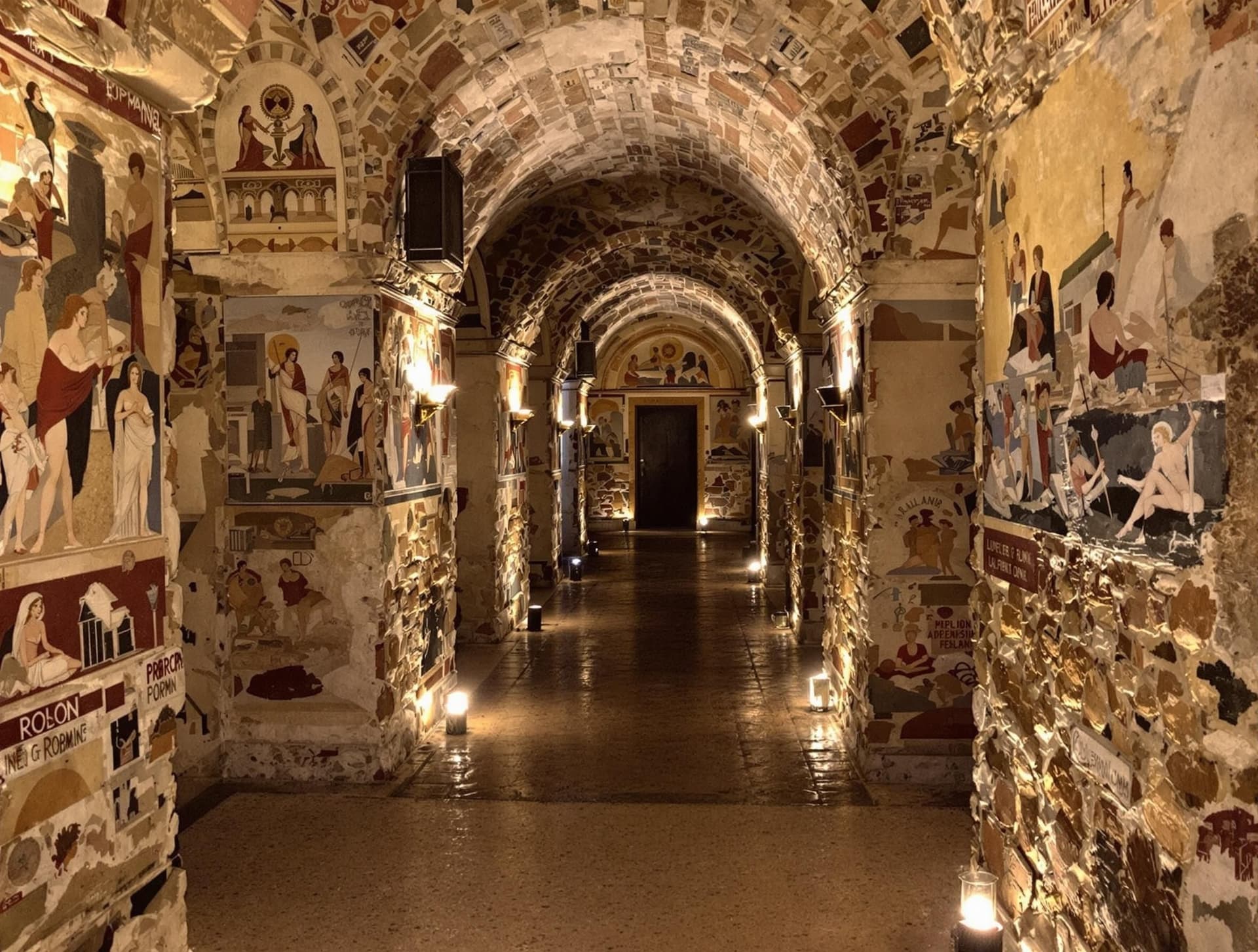 Lupanare (bordellen) i Pompeji, Italien, med stenrum, smala korridorer och antika väggmålningar