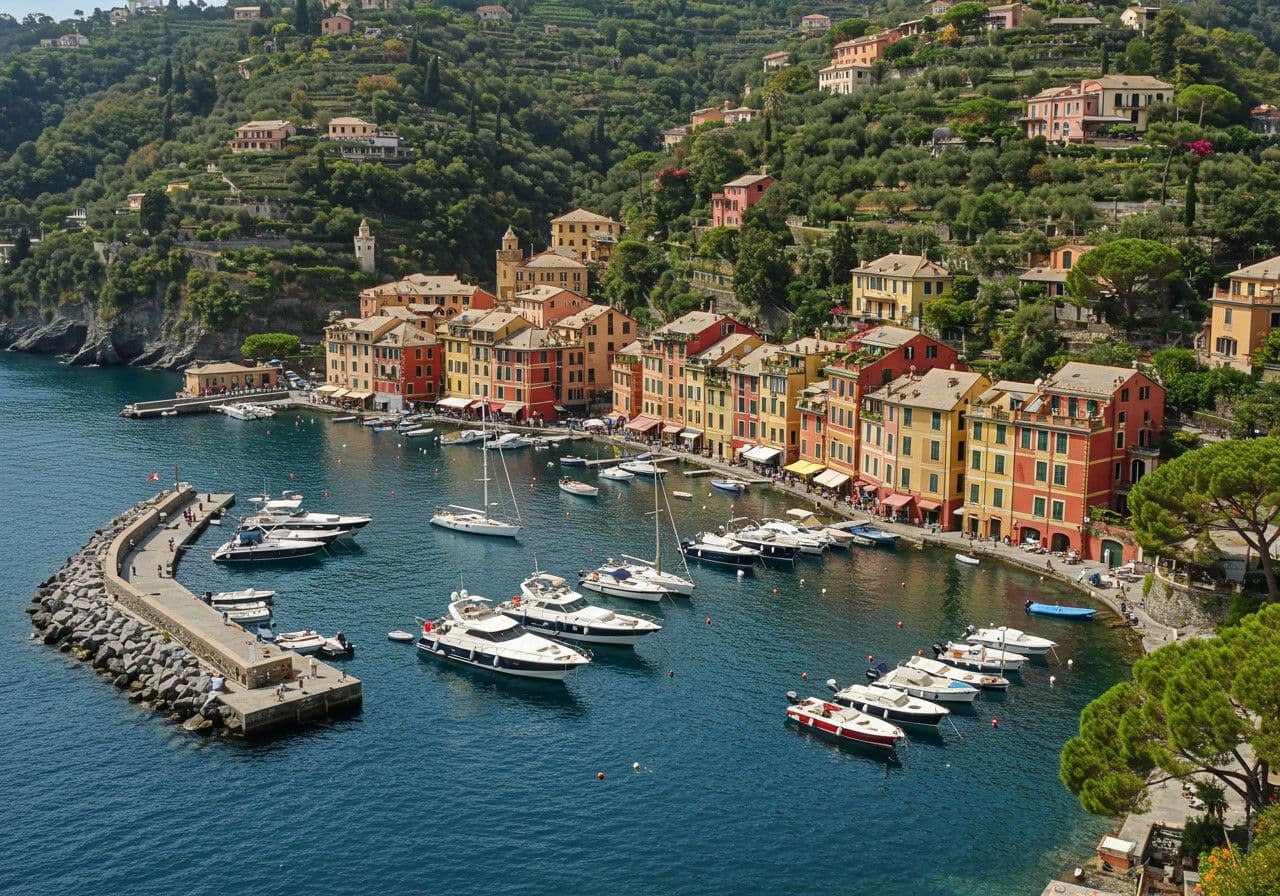 Portofino hamn med färgglada hus och lyxiga båtar