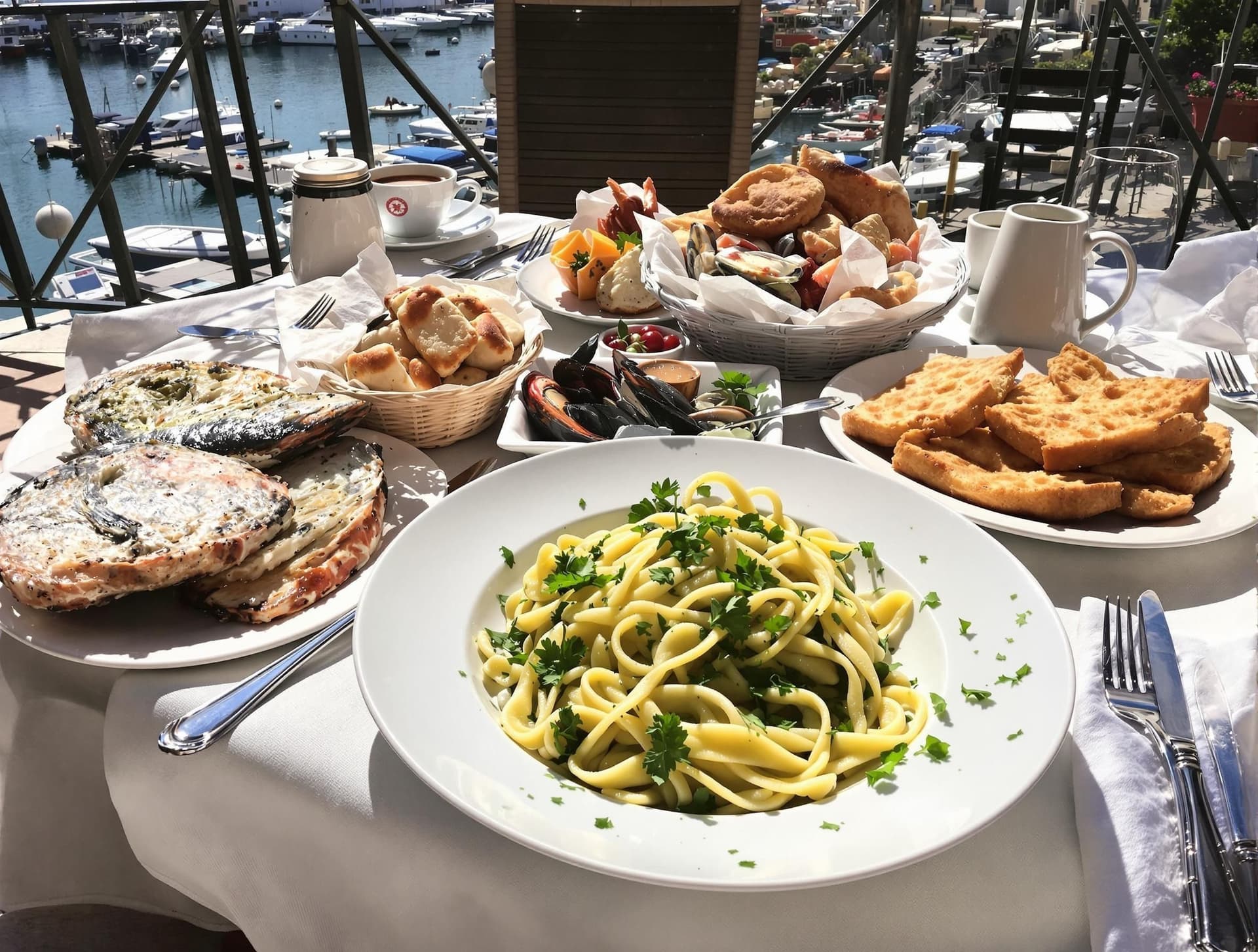 Traditionell ligurisk mat från Portofino, Italien, med färsk pesto alla genovese, pasta och focaccia