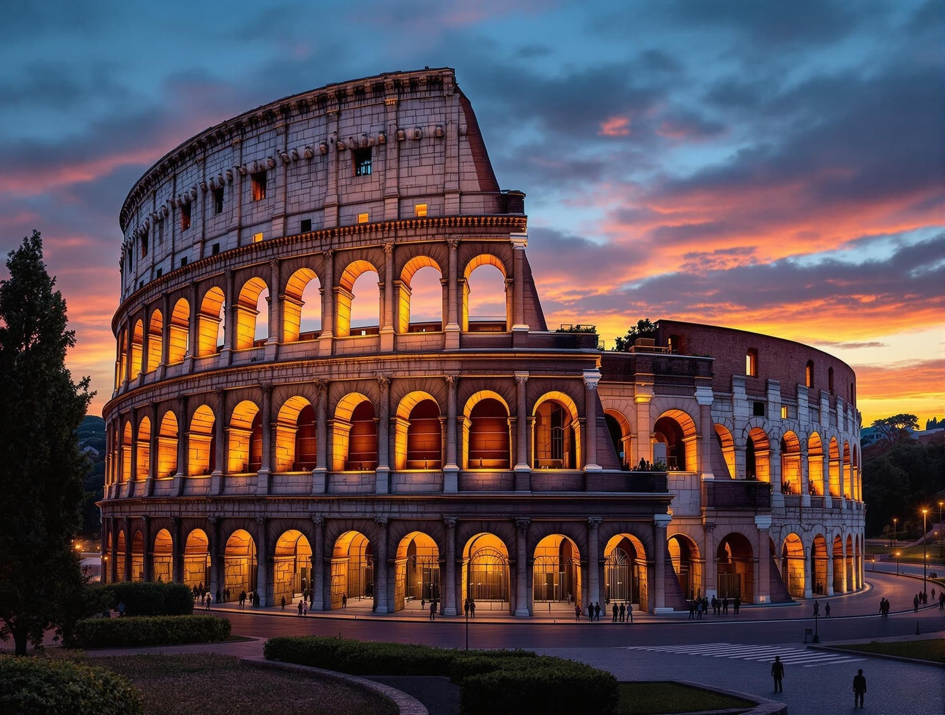 Colosseum i Rom vid skymning med varm belysning