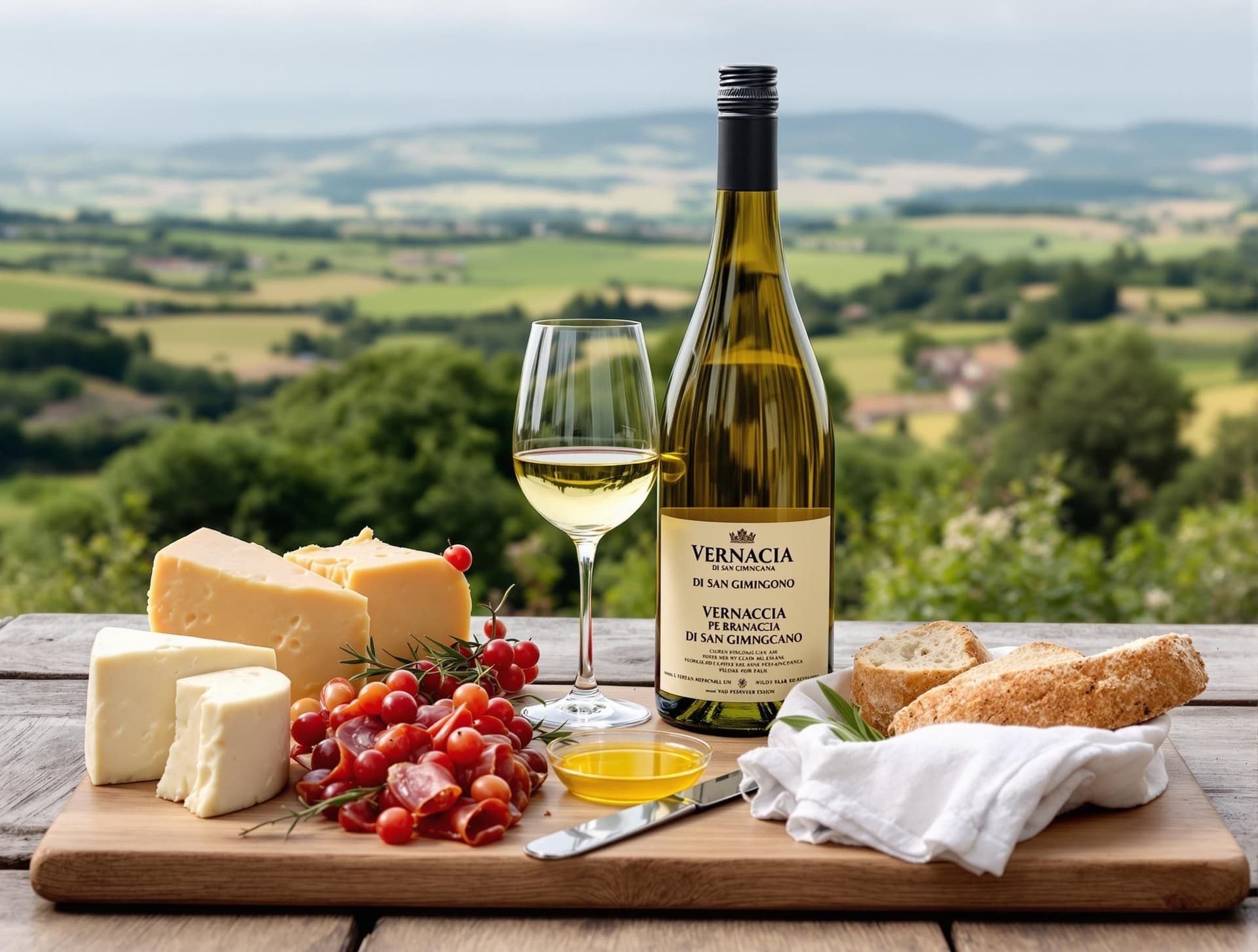 Vernaccia di San Gimignano vin serverat med lokala toskanska delikatesser som pecorino-ost och salami